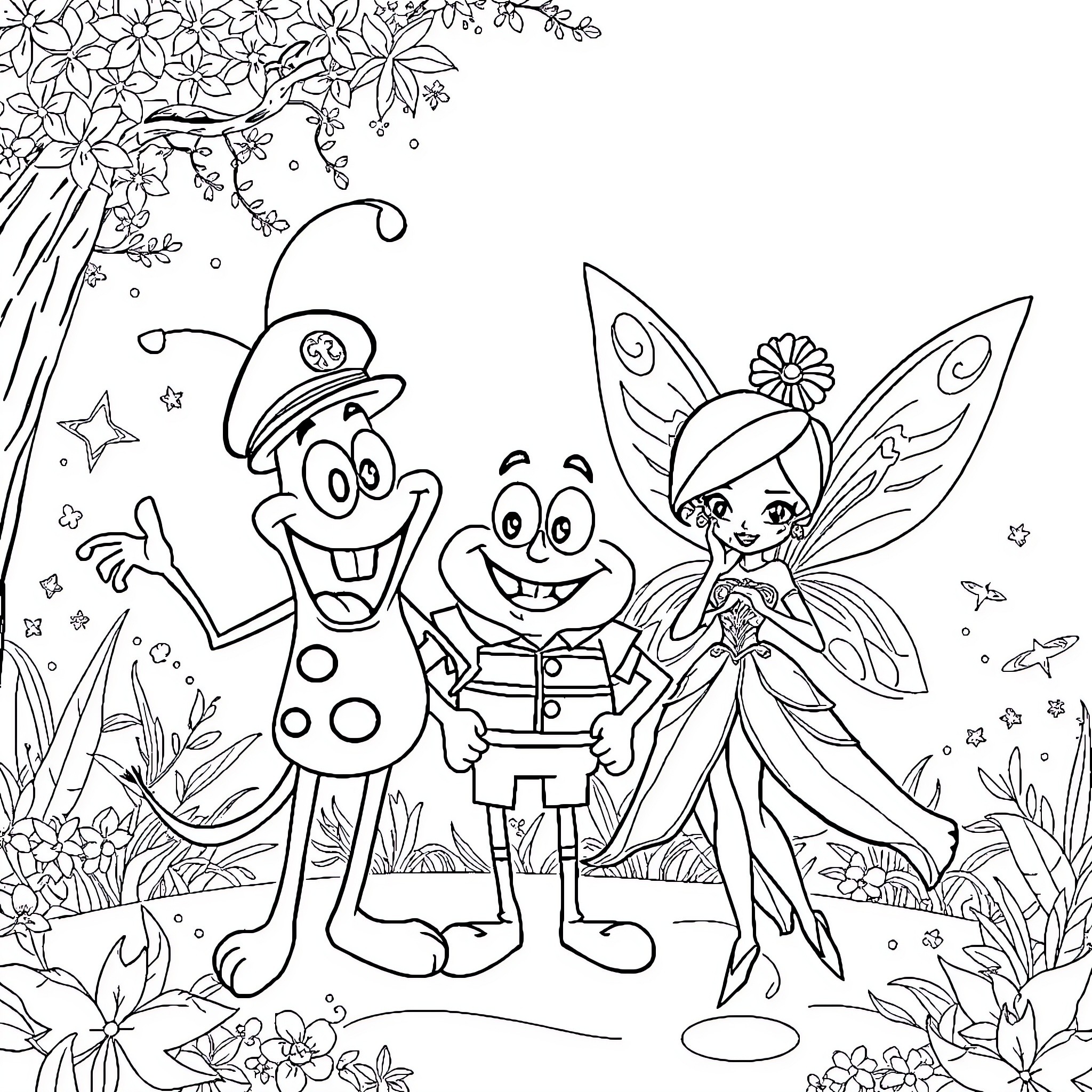 Tiplouf and friends in a whimsical forest scene Coloring Page (free black-and-white line drawing printable PDF for all, from beginners to advanced learners, including children, teens, adults, and seniors)