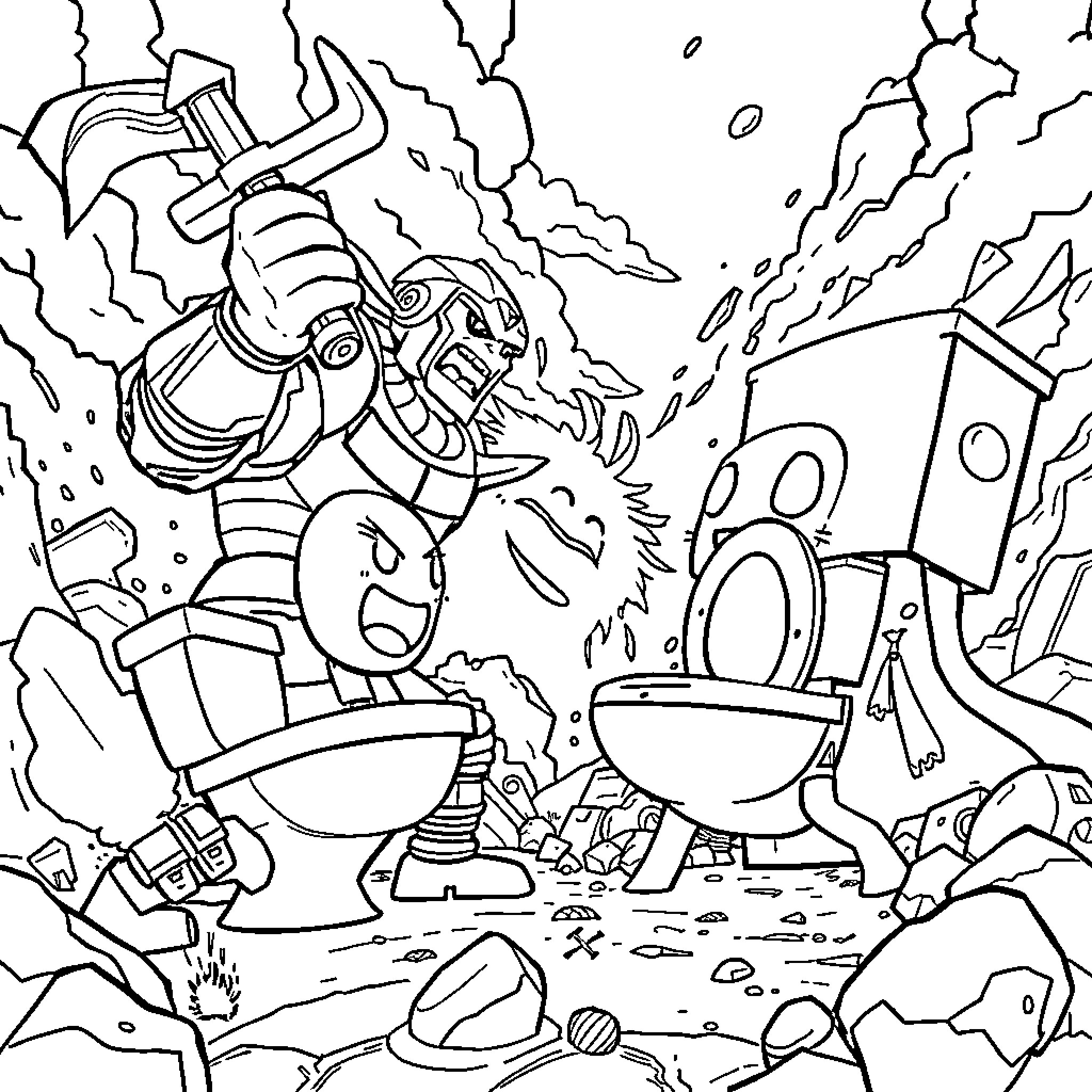 Toilet Pandemonium: A Chaotic Scene Coloring Page (free black-and-white line drawing printable PDF for all, from beginners to advanced learners, including children, teens, adults, and seniors)