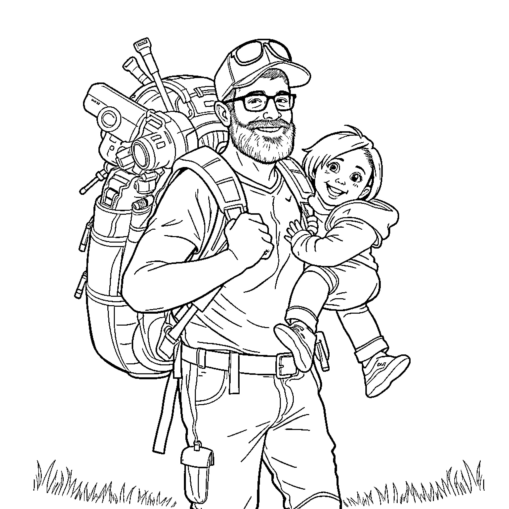 Dad hiking with young child in backpack Coloring Page (free black-and-white line drawing printable PDF for all, from beginners to advanced learners, including children, teens, adults, and seniors)