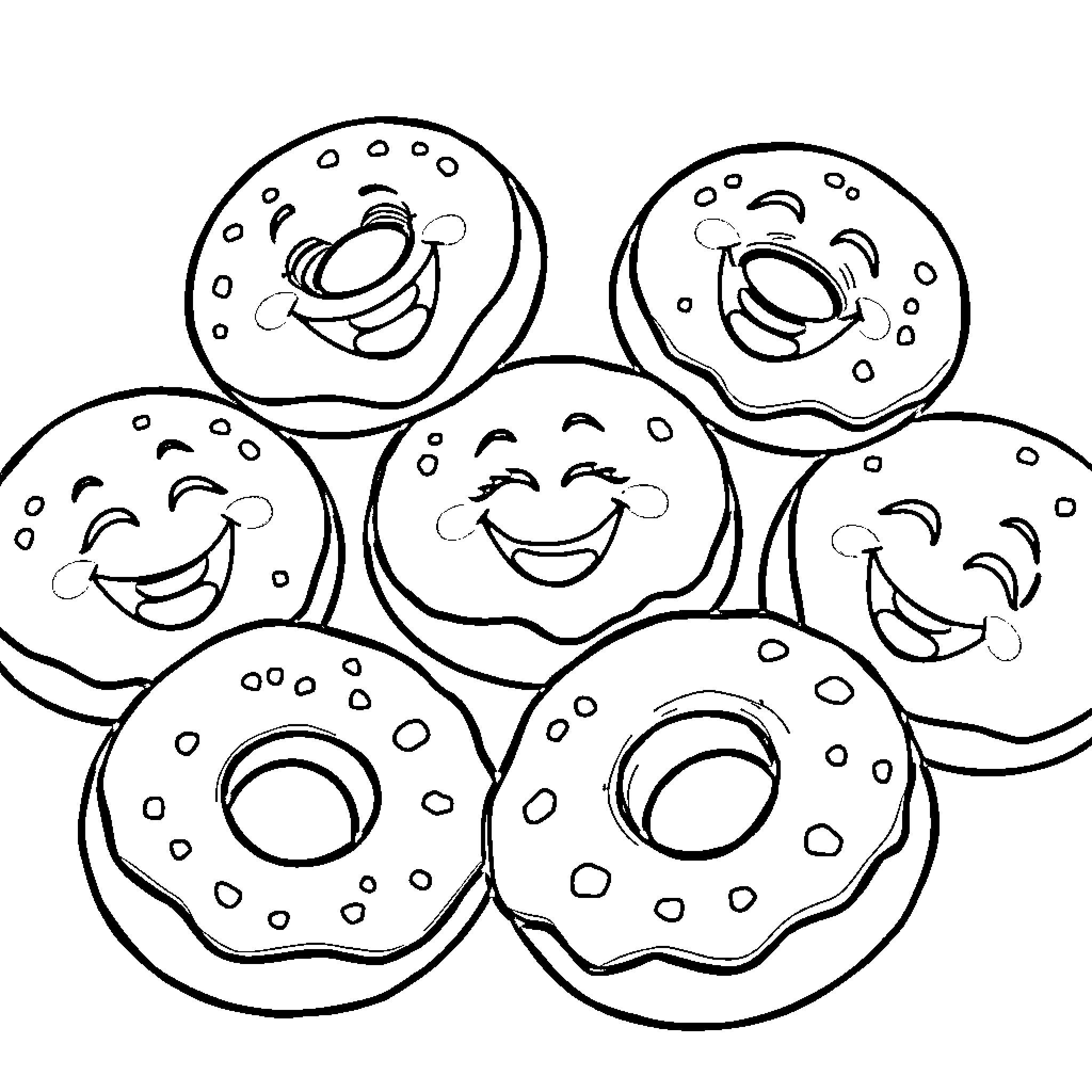 Donut friends having a cheerful gathering Coloring Page (free black-and-white line drawing printable PDF for all, from beginners to advanced learners, including children, teens, adults, and seniors)