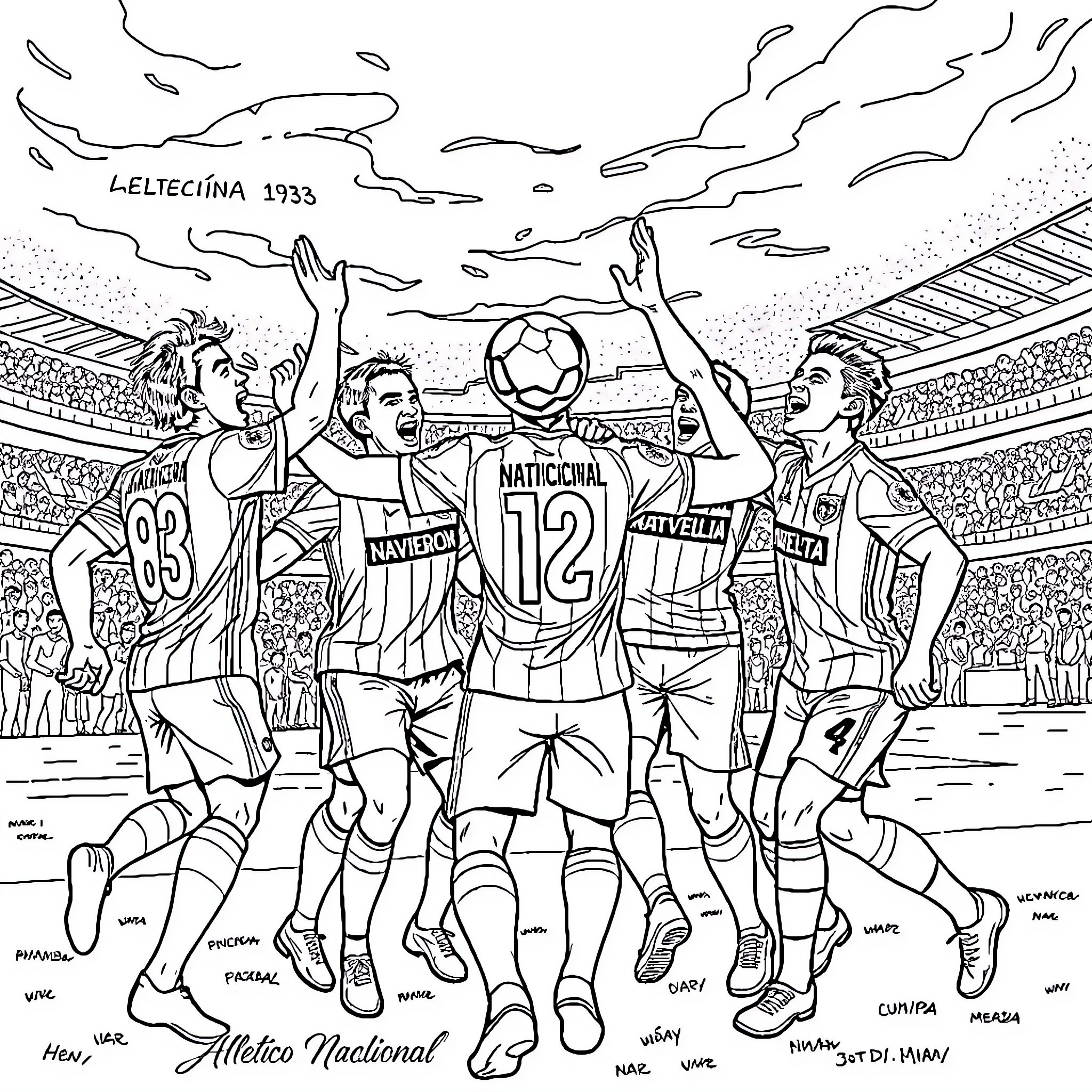Atletico Nacional players celebrating victory on the field Coloring Page (free black-and-white line drawing printable PDF for all, from beginners to advanced learners, including children, teens, adults, and seniors)