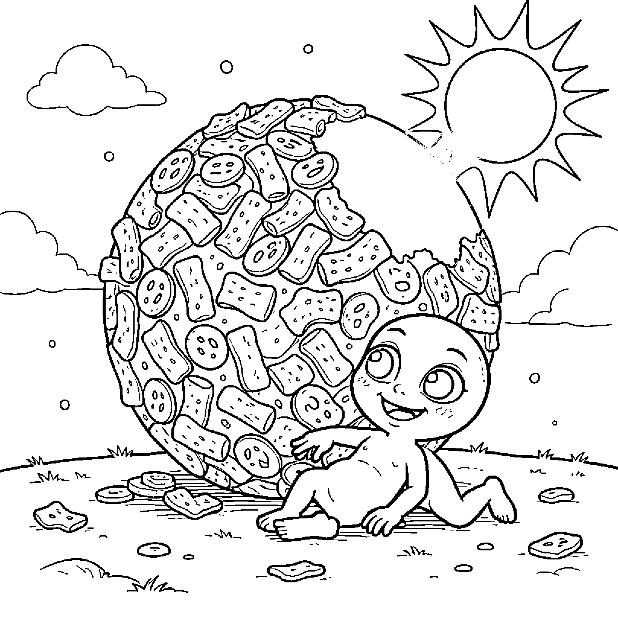 Alien creature emerging from cosmic shell Coloring Page (free black-and-white line drawing printable PDF for all, from beginners to advanced learners, including children, teens, adults, and seniors)