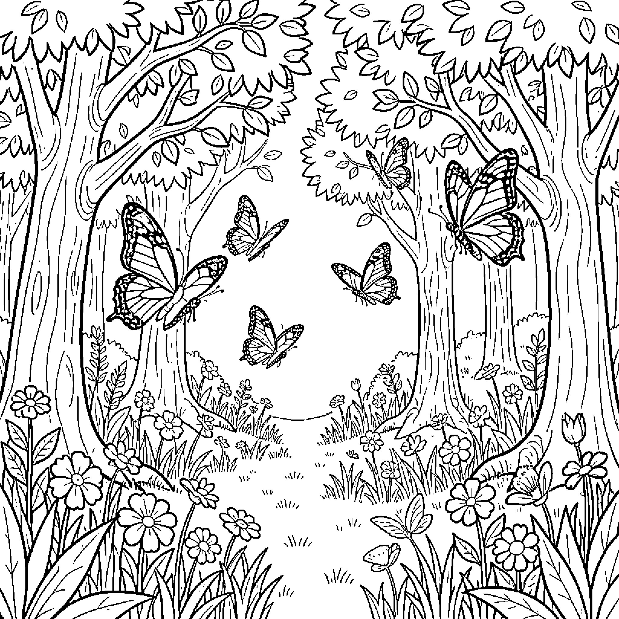 Butterfly flying through a lush forest path Coloring Page (free black-and-white line drawing printable PDF for all, from beginners to advanced learners, including children, teens, adults, and seniors)