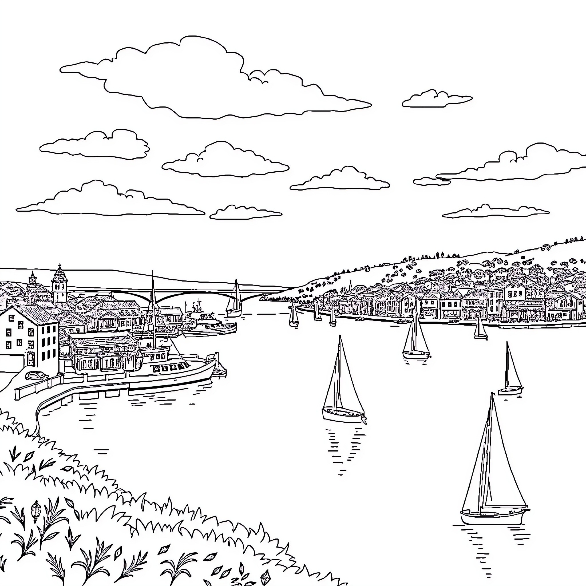 Tiburon harbor with sailboats and cityscape Coloring Page (free black-and-white line drawing printable PDF for all, from beginners to advanced learners, including children, teens, adults, and seniors)