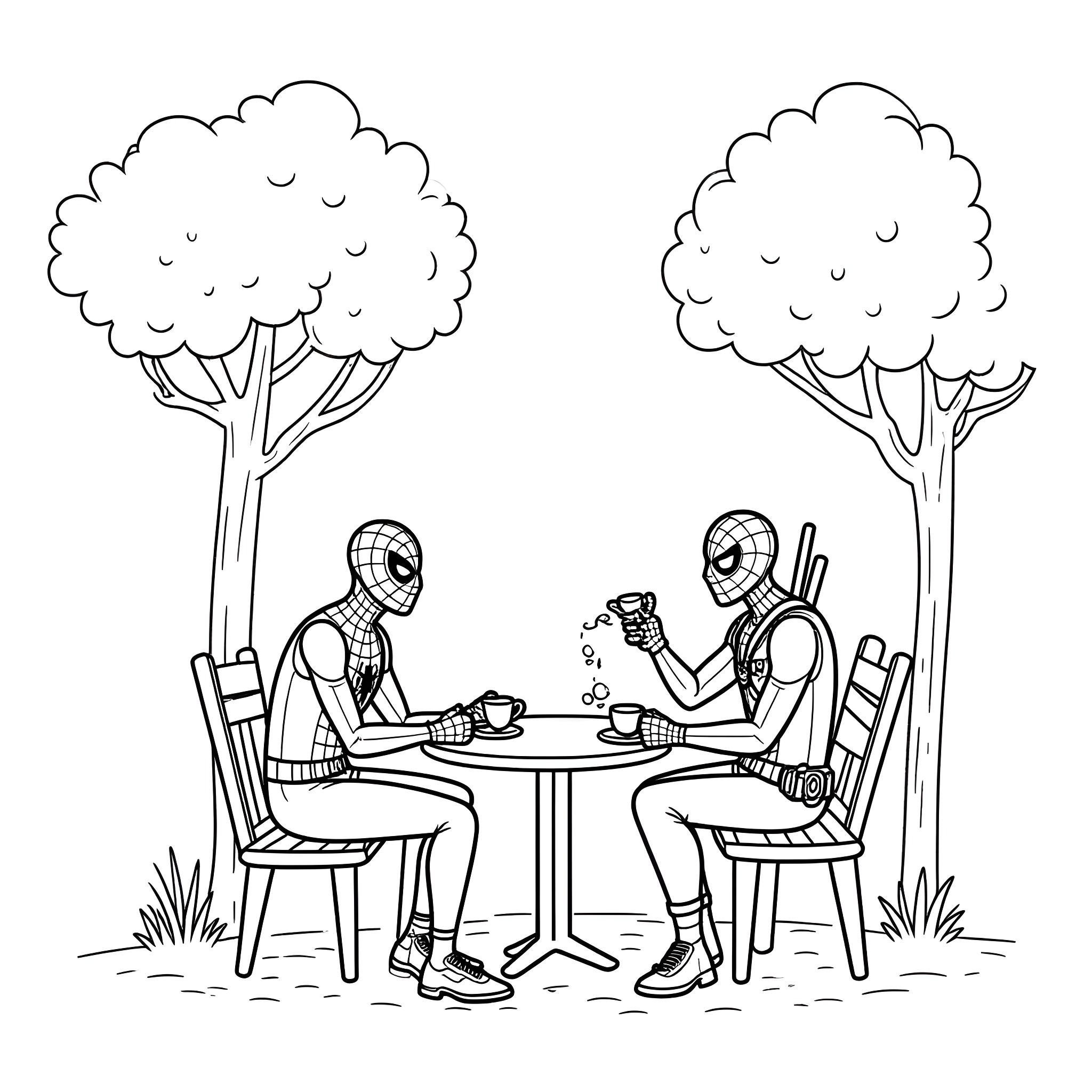 Spider-Man characters enjoying a picnic in the park Coloring Page (free black-and-white line drawing printable PDF for all, from beginners to advanced learners, including children, teens, adults, and seniors)