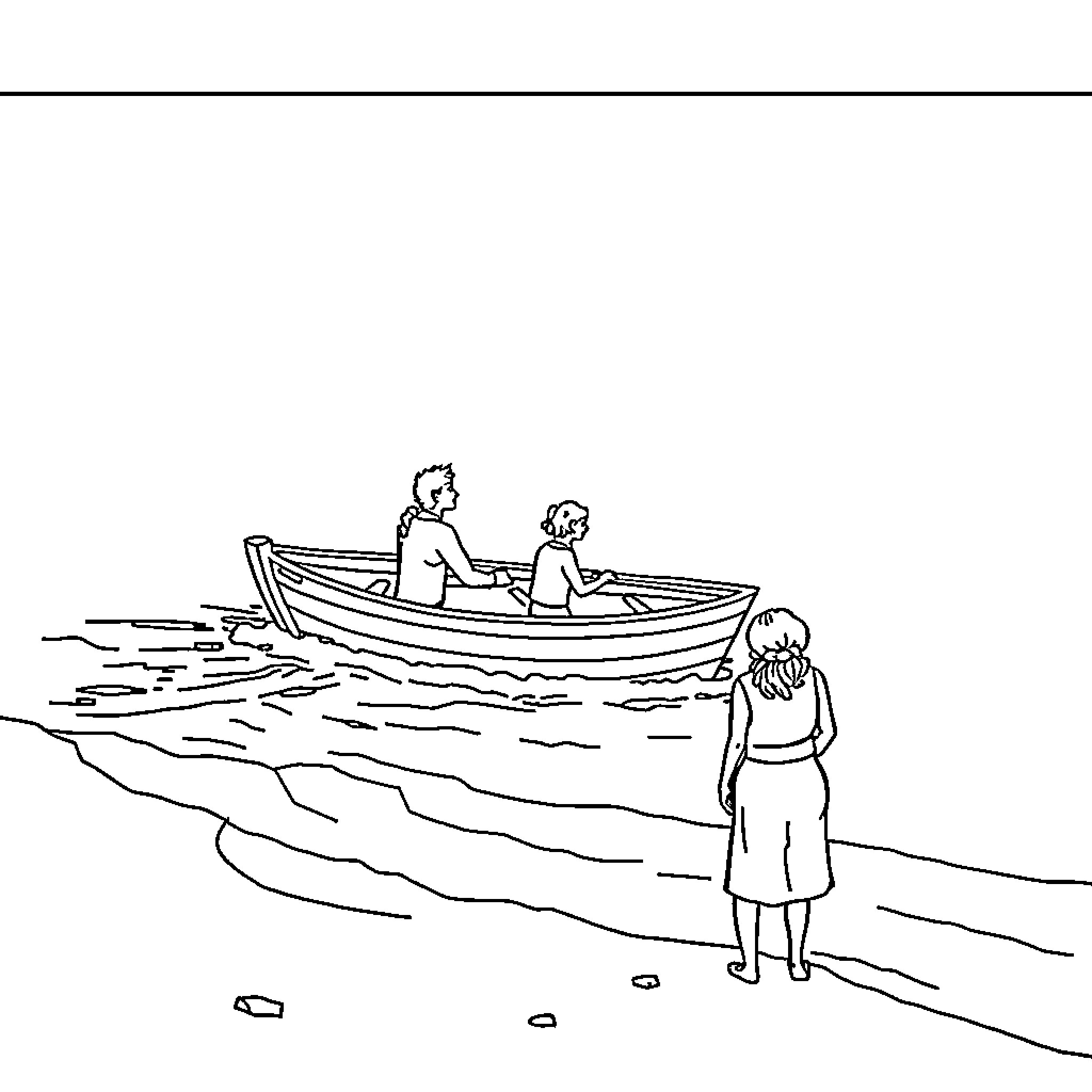 Persona in a Boat by the Shore Coloring Page (free black-and-white line drawing printable PDF for all, from beginners to advanced learners, including children, teens, adults, and seniors)