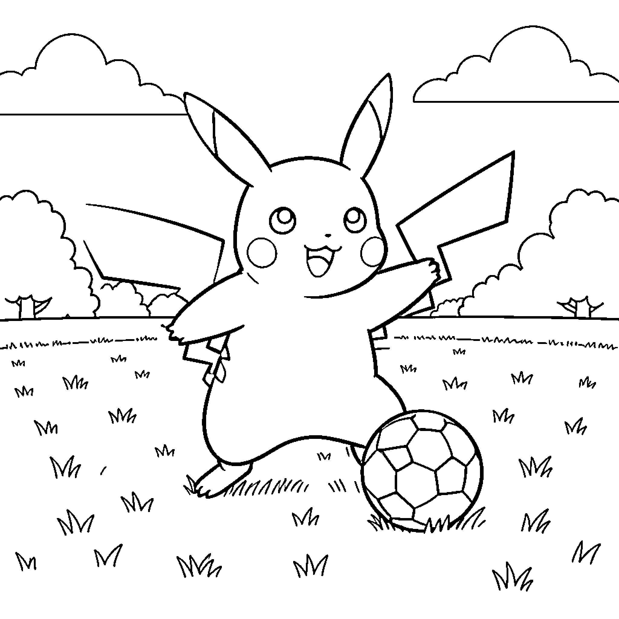 Pikachu playing soccer in a grassy field Coloring Page (free black-and-white line drawing printable PDF for all, from beginners to advanced learners, including children, teens, adults, and seniors)