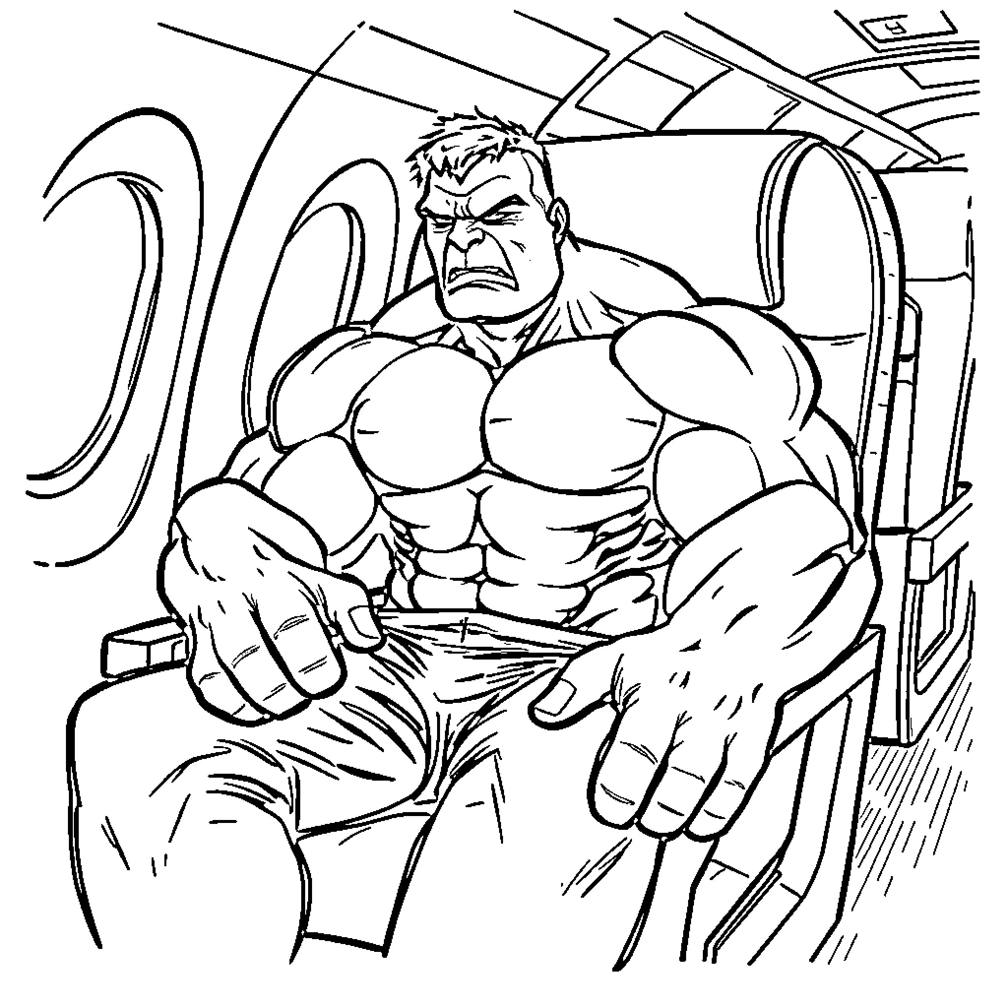 Hulk unleashing power in the spacecraft Coloring Page (free black-and-white line drawing printable PDF for all, from beginners to advanced learners, including children, teens, adults, and seniors)