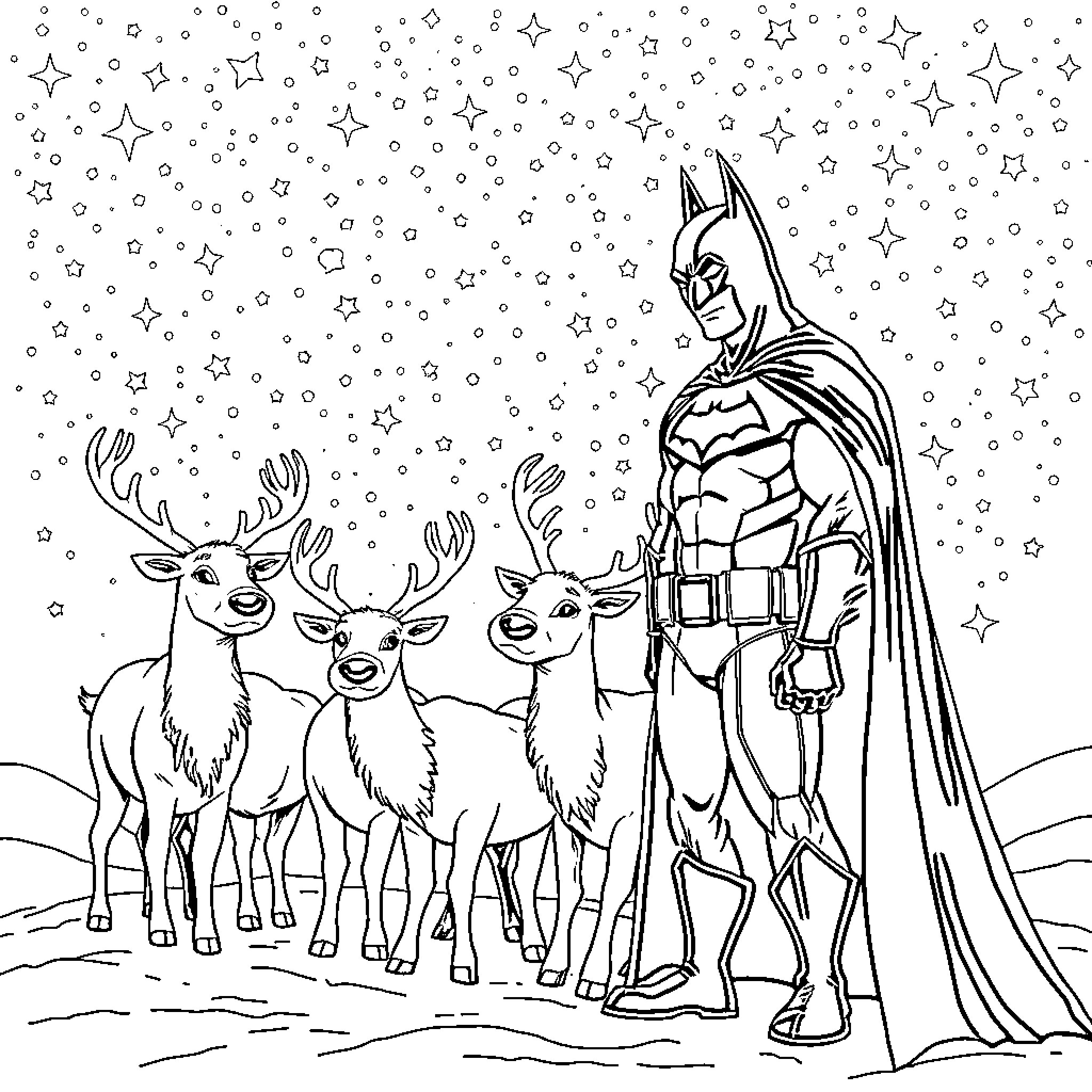Batman Encounters Magical Deer in Starry Night Coloring Page (free black-and-white line drawing printable PDF for all, from beginners to advanced learners, including children, teens, adults, and seniors)