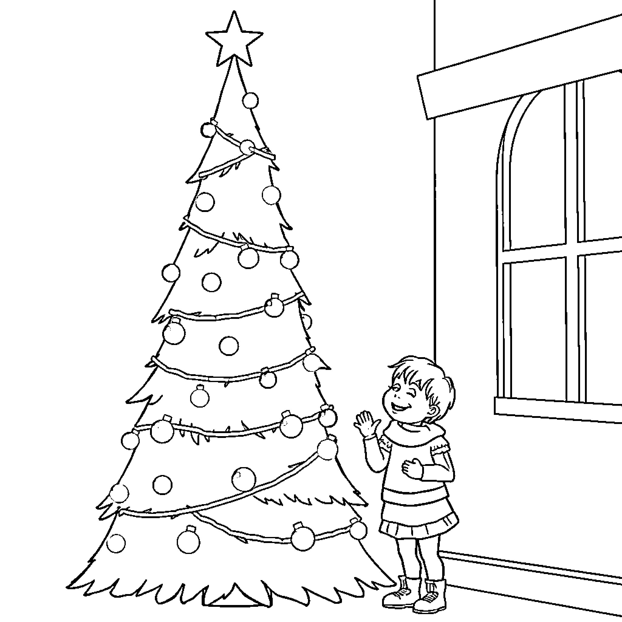 Christmas Tree decorated with a young child Coloring Page (free black-and-white line drawing printable PDF for all, from beginners to advanced learners, including children, teens, adults, and seniors)