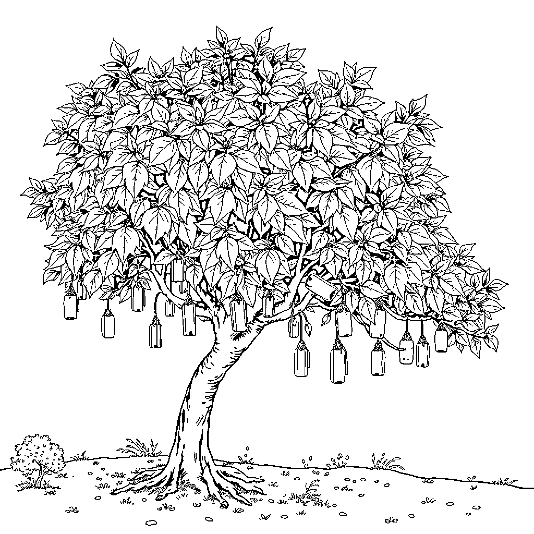 Tree adorned with hanging bottles Coloring Page (free black-and-white line drawing printable PDF for all, from beginners to advanced learners, including children, teens, adults, and seniors)