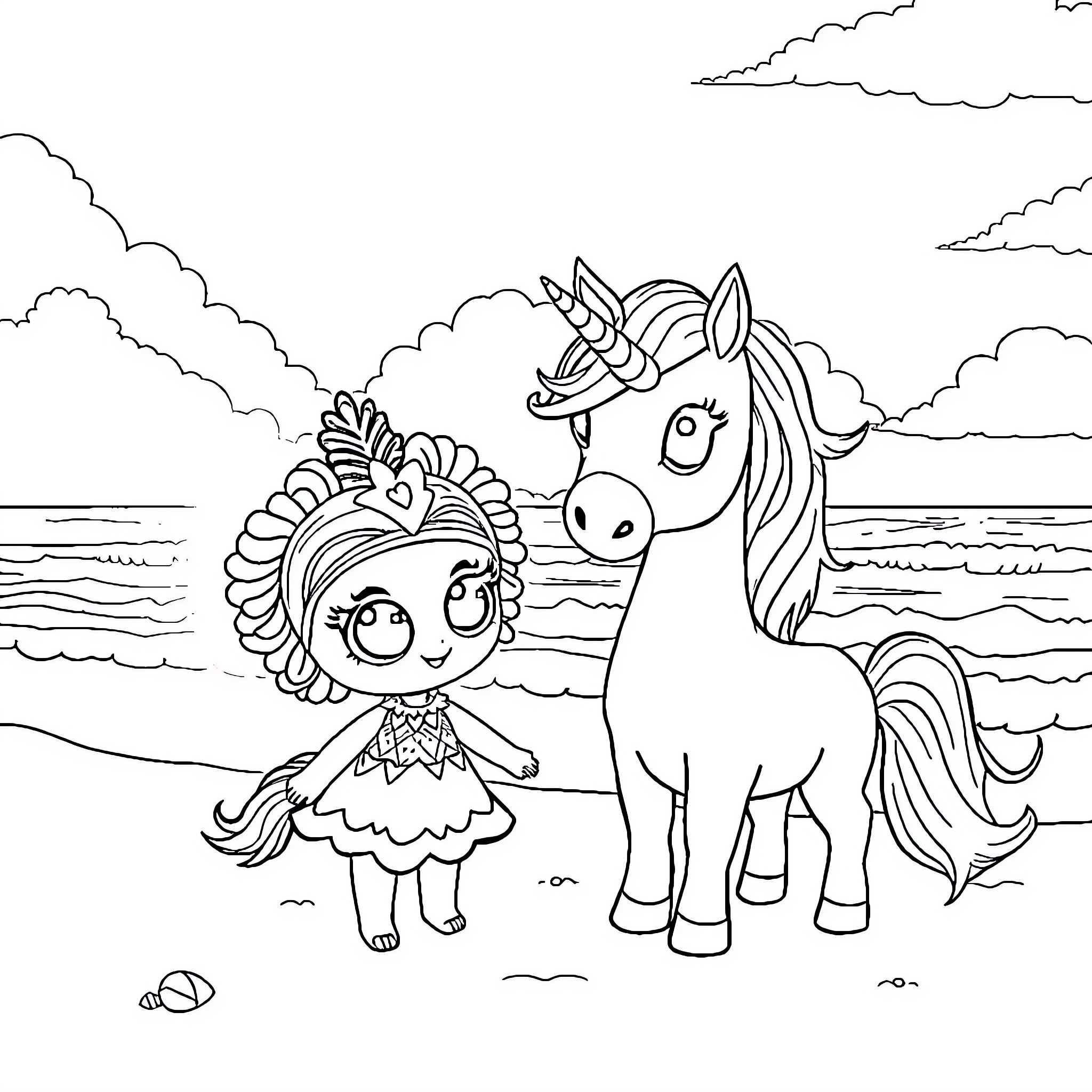 Doll and Unicorn on the Beach Coloring Page (free black-and-white line drawing printable PDF for all, from beginners to advanced learners, including children, teens, adults, and seniors)