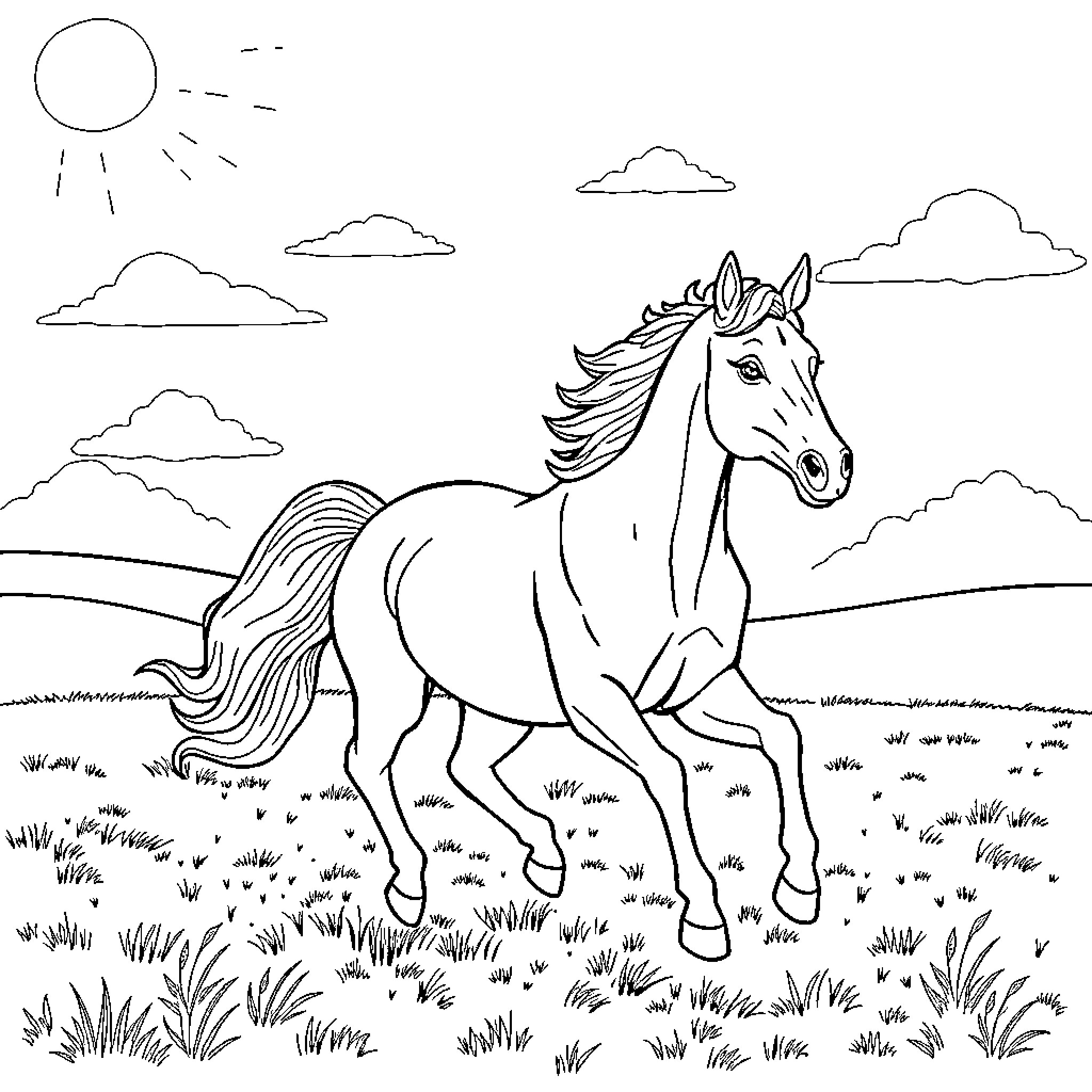 Horse running freely in the meadow Coloring Page (free black-and-white line drawing printable PDF for all, from beginners to advanced learners, including children, teens, adults, and seniors)