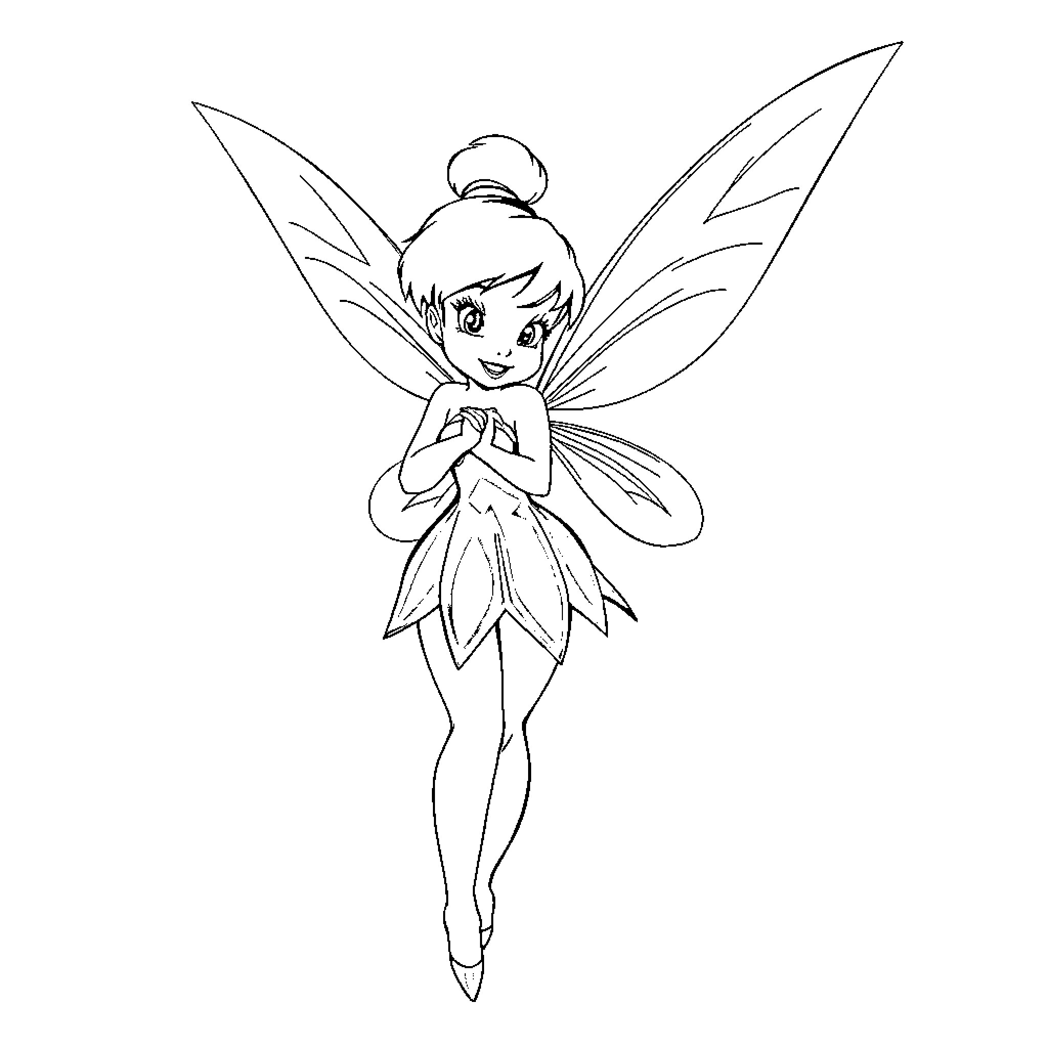 Tinkerbell flying gracefully with wings Coloring Page (free black-and-white line drawing printable PDF for all, from beginners to advanced learners, including children, teens, adults, and seniors)