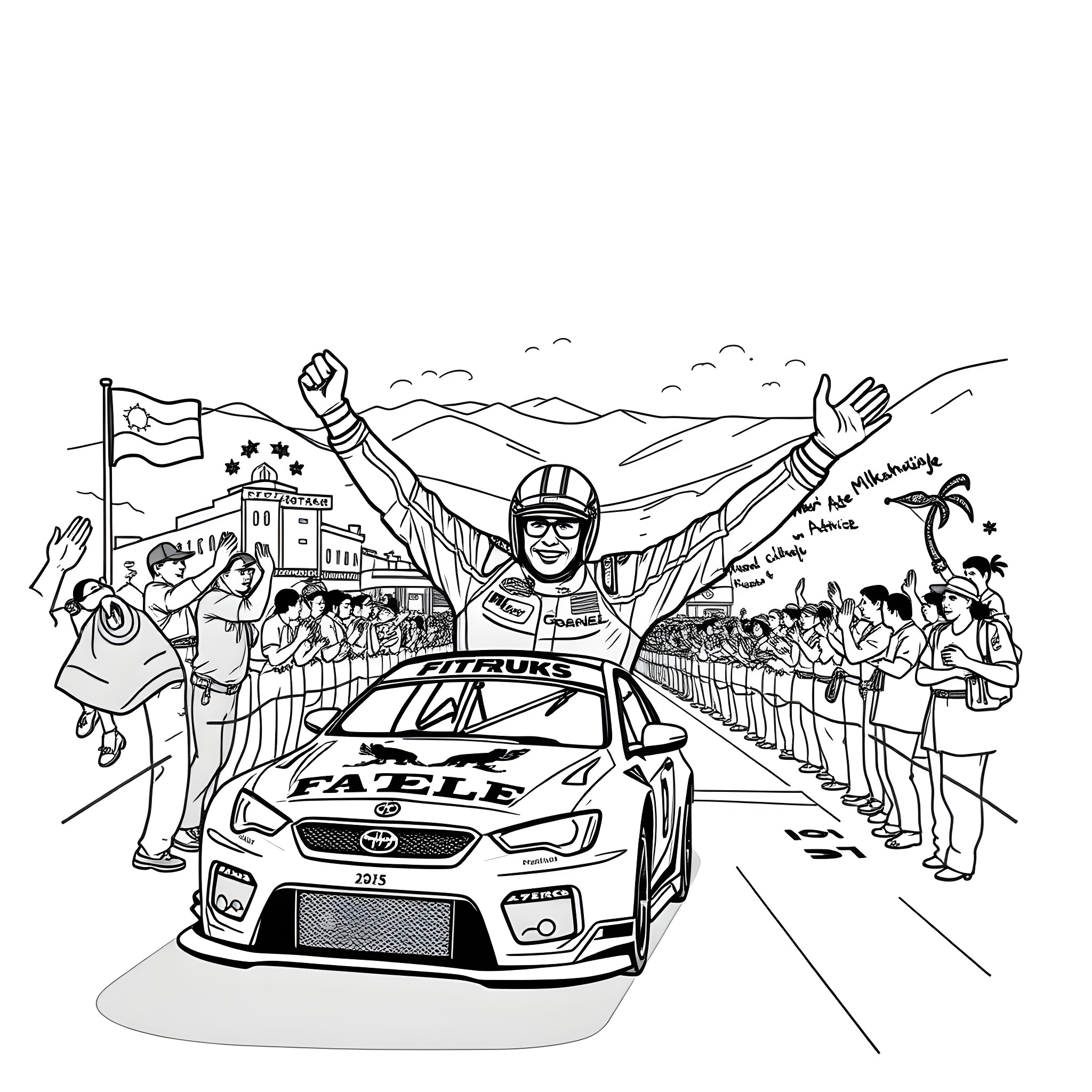 Mark Skaife celebrates victory in motorsport competition Coloring Page (free black-and-white line drawing printable PDF for all, from beginners to advanced learners, including children, teens, adults, and seniors)