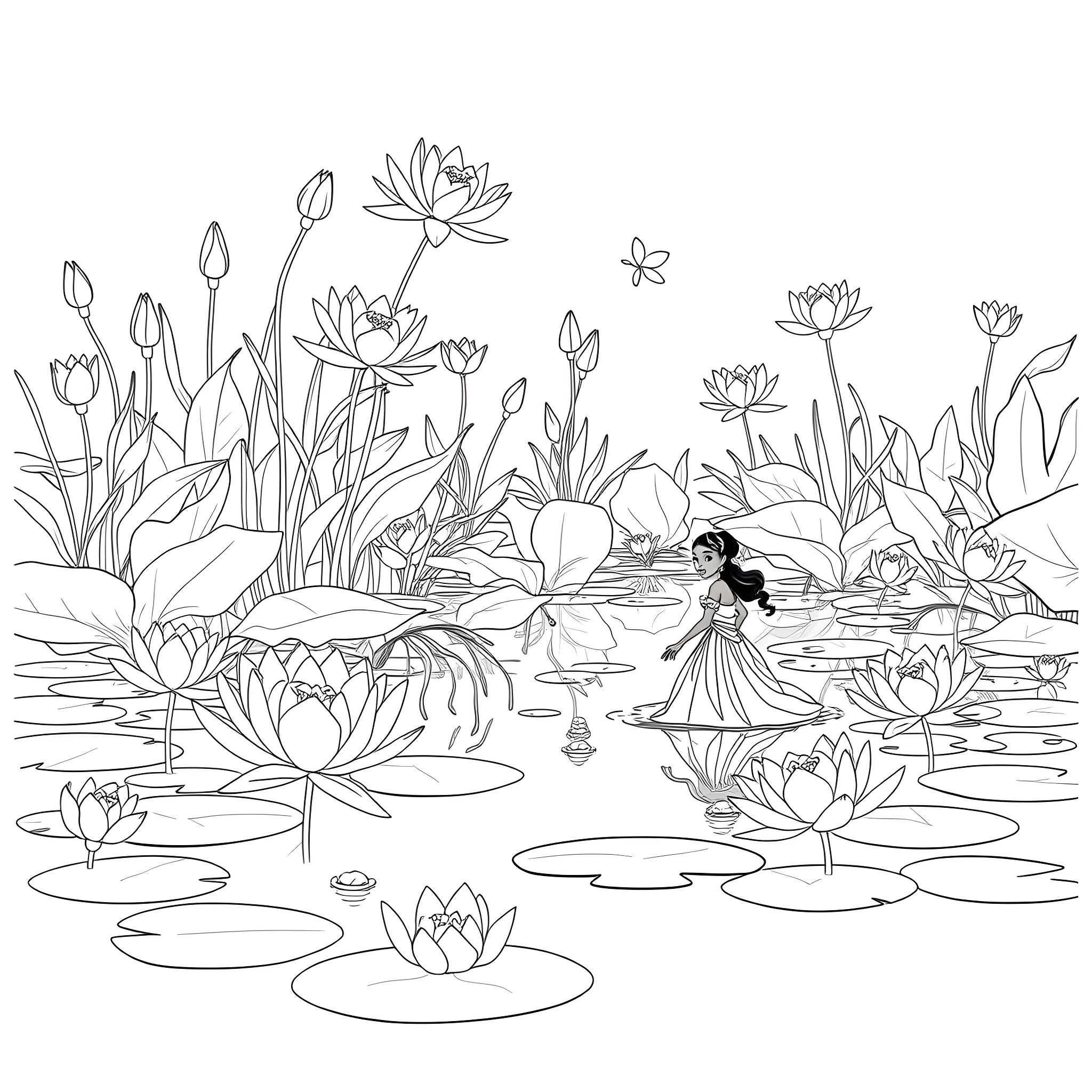 Tiana dancing gracefully in a lotus pond Coloring Page (free black-and-white line drawing printable PDF for all, from beginners to advanced learners, including children, teens, adults, and seniors)