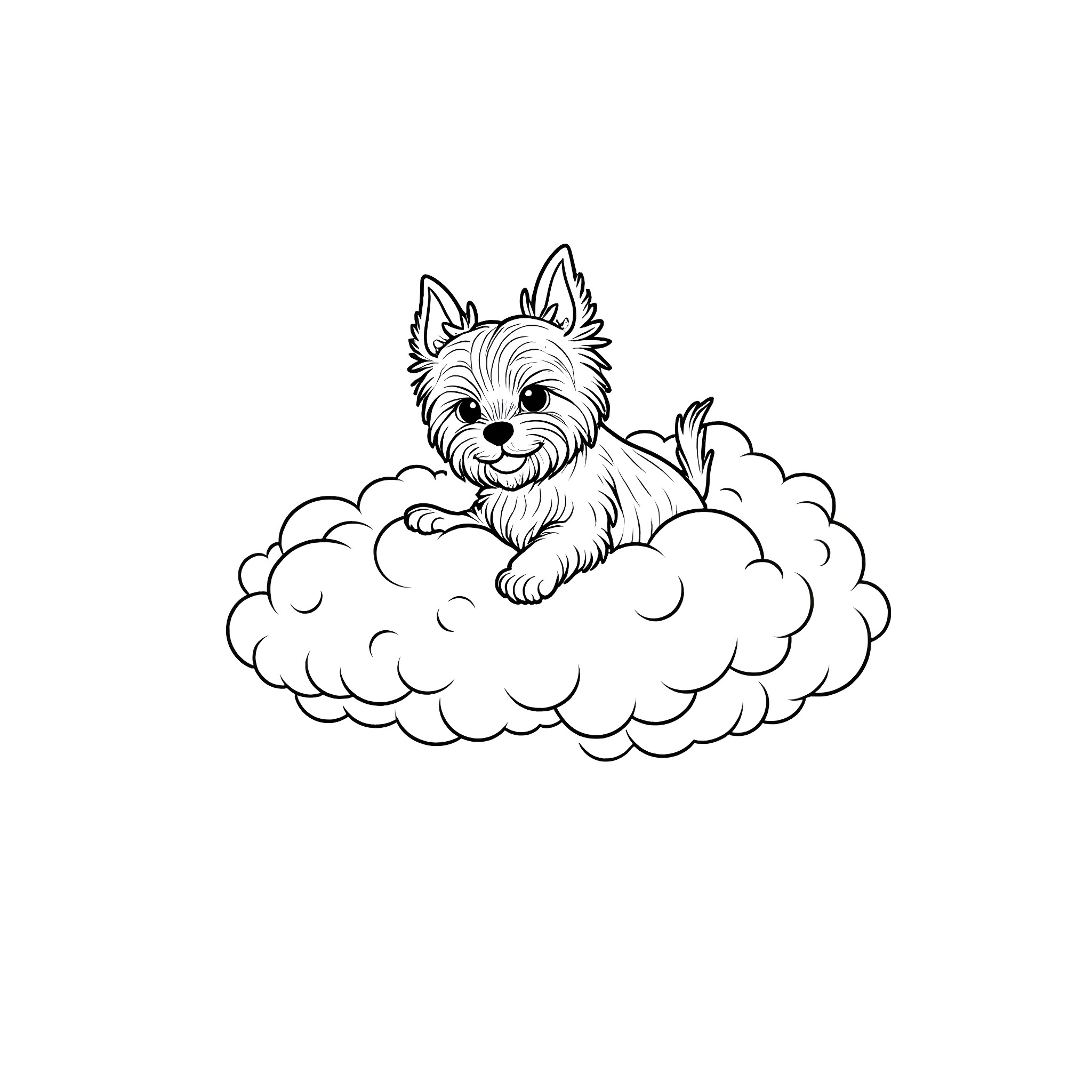 Yorkie dog resting on fluffy cloud Coloring Page (free black-and-white line drawing printable PDF for all, from beginners to advanced learners, including children, teens, adults, and seniors)