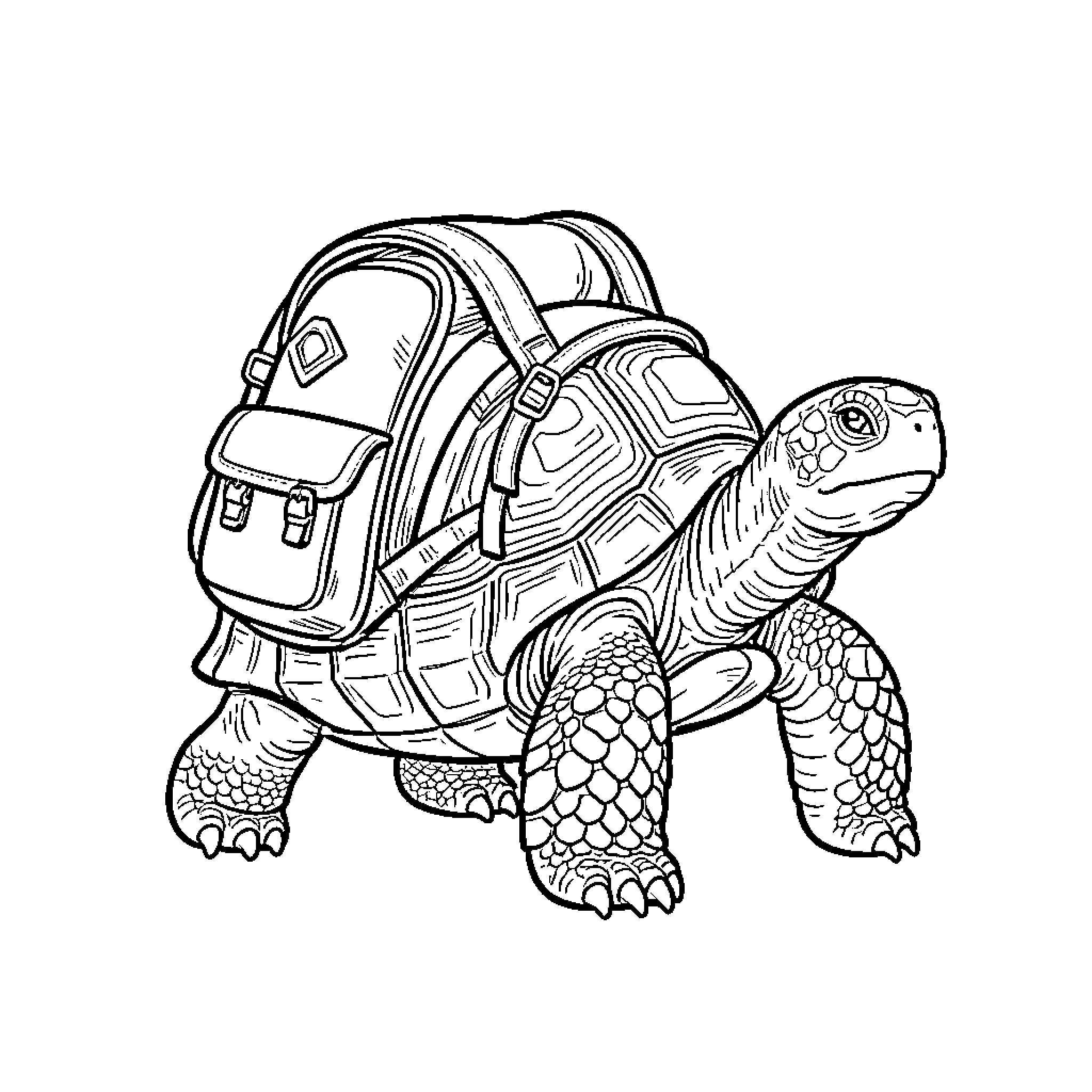 Tortuga carrying backpack on adventure Coloring Page (free black-and-white line drawing printable PDF for all, from beginners to advanced learners, including children, teens, adults, and seniors)
