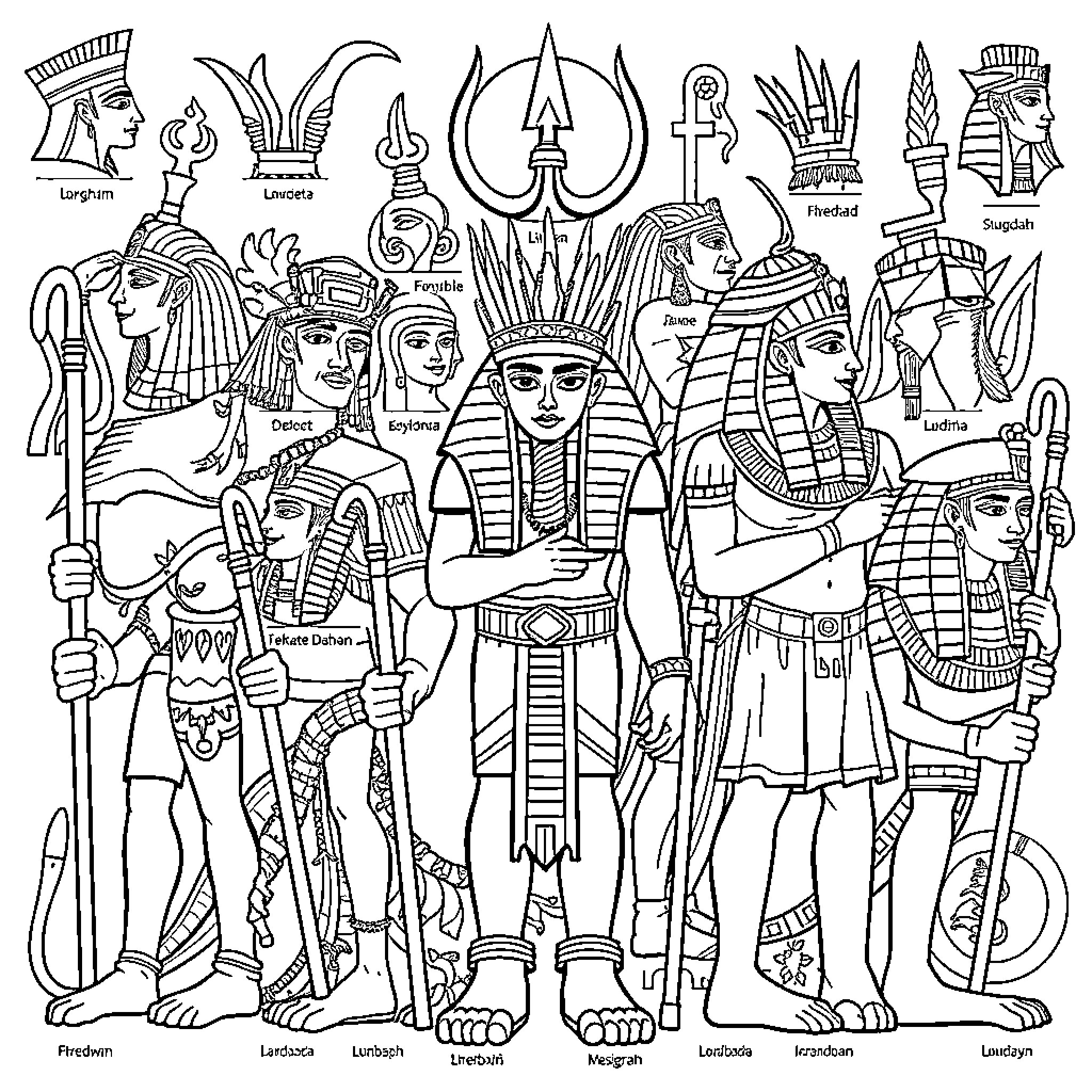 Egyptian Gods in Ceremonial Attire Coloring Page (free black-and-white line drawing printable PDF for all, from beginners to advanced learners, including children, teens, adults, and seniors)