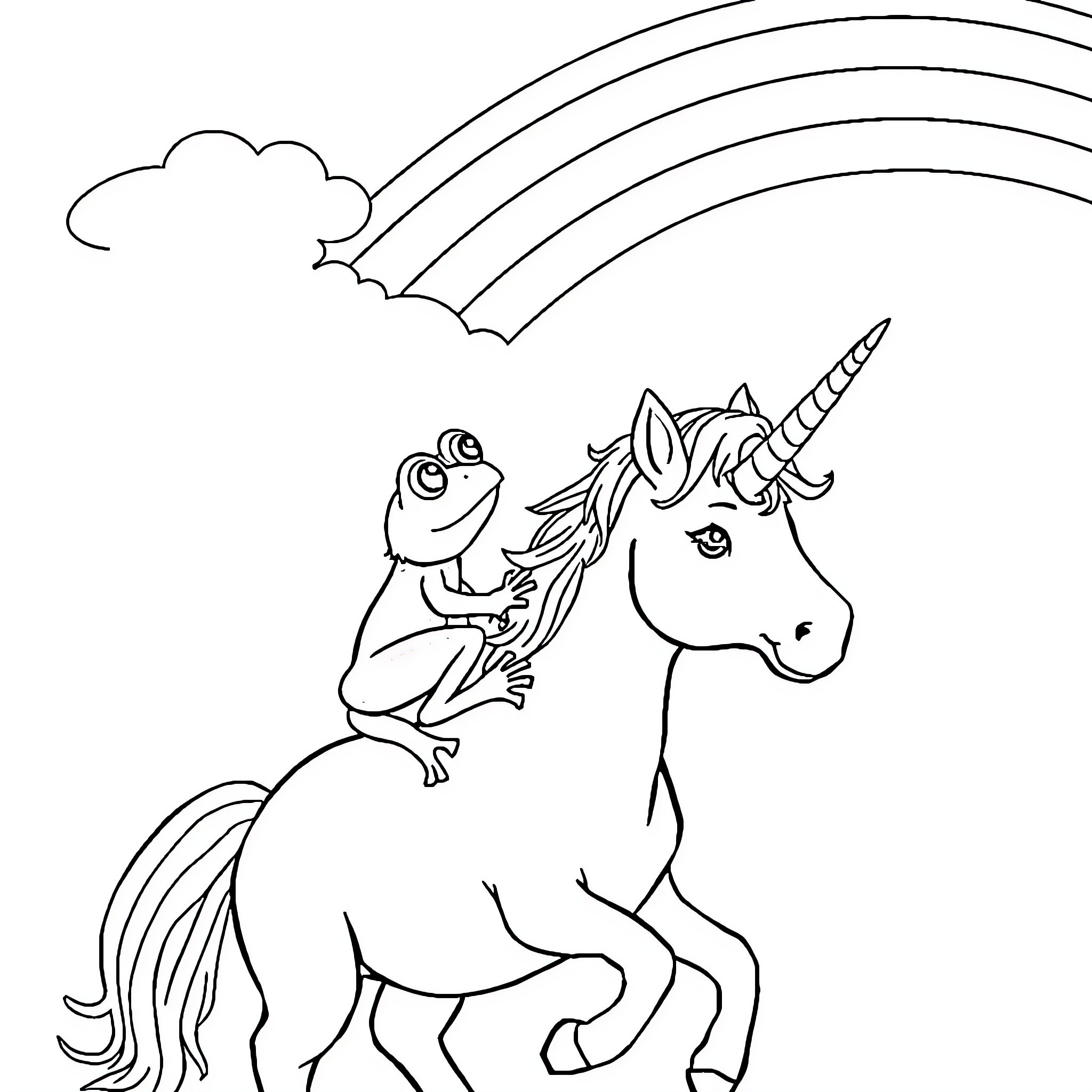 Frog riding a magical unicorn under a rainbow Coloring Page (free black-and-white line drawing printable PDF for all, from beginners to advanced learners, including children, teens, adults, and seniors)