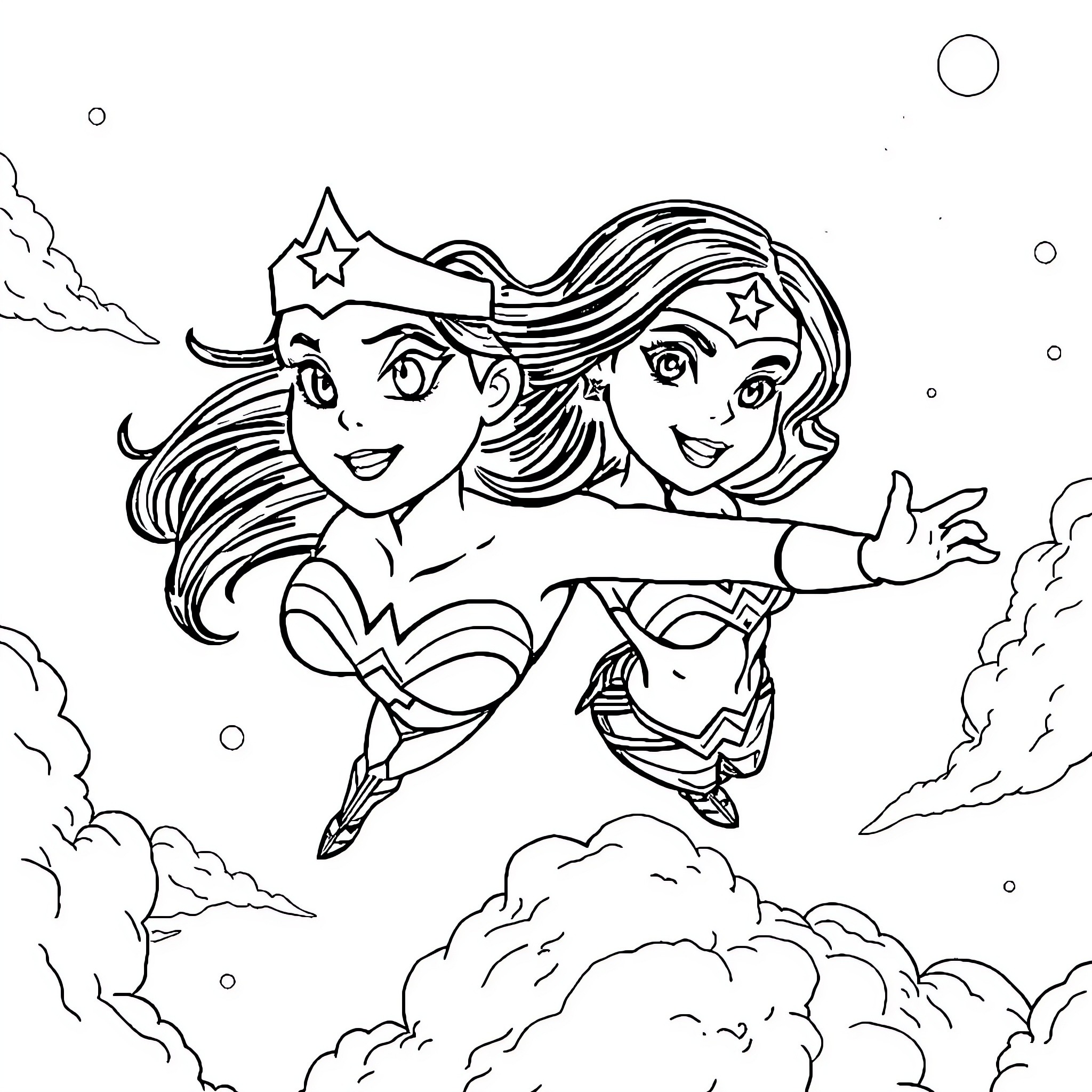 Wonder Woman and Her Sidekick Soaring through the Clouds Coloring Page (free black-and-white line drawing printable PDF for all, from beginners to advanced learners, including children, teens, adults, and seniors)