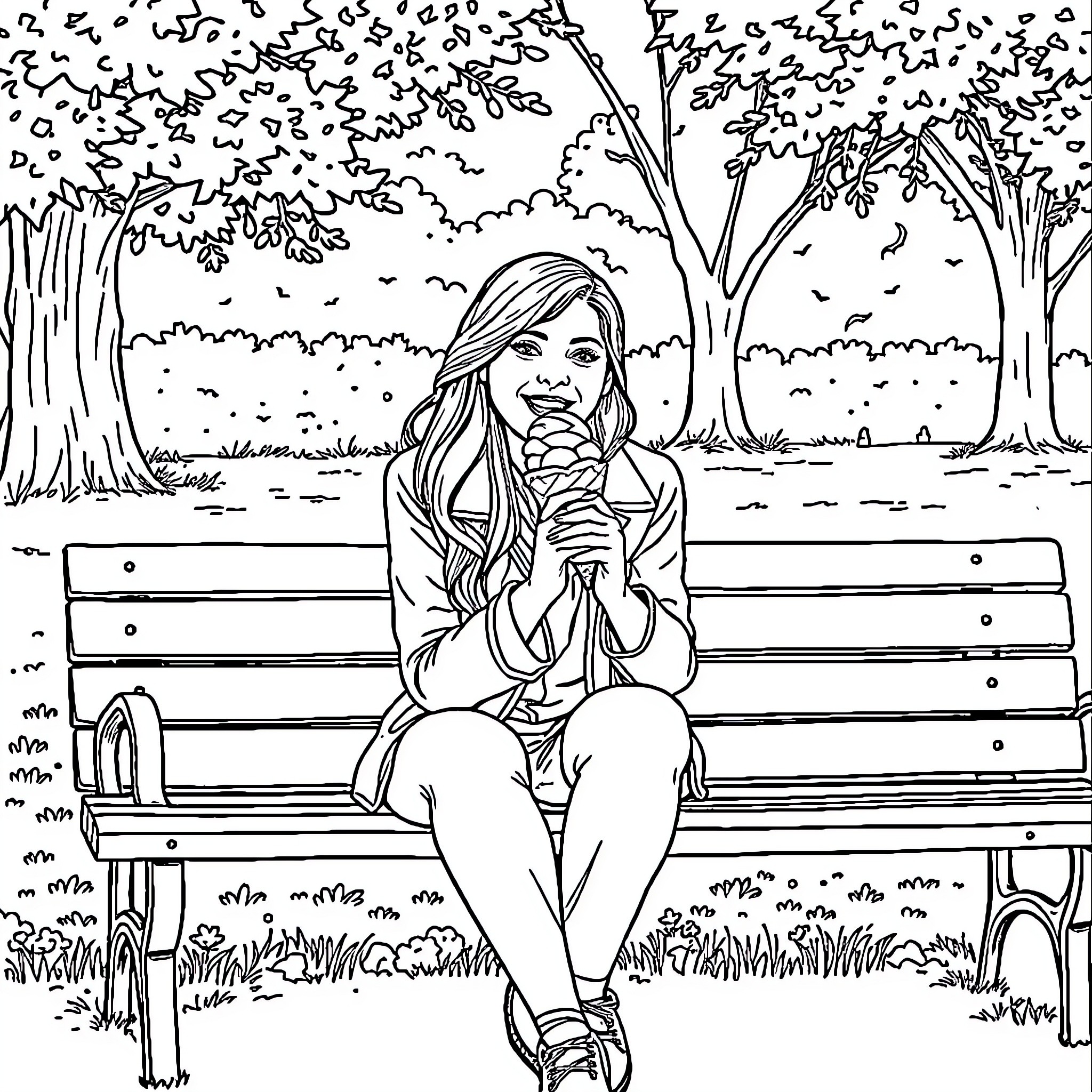 Woman enjoying solitude on a park bench Coloring Page (free black-and-white line drawing printable PDF for all, from beginners to advanced learners, including children, teens, adults, and seniors)