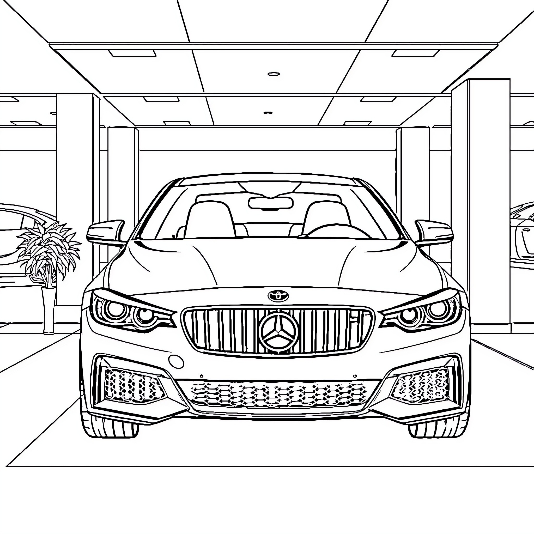 Car in modern showroom display Coloring Page (free black-and-white line drawing printable PDF for all, from beginners to advanced learners, including children, teens, adults, and seniors)
