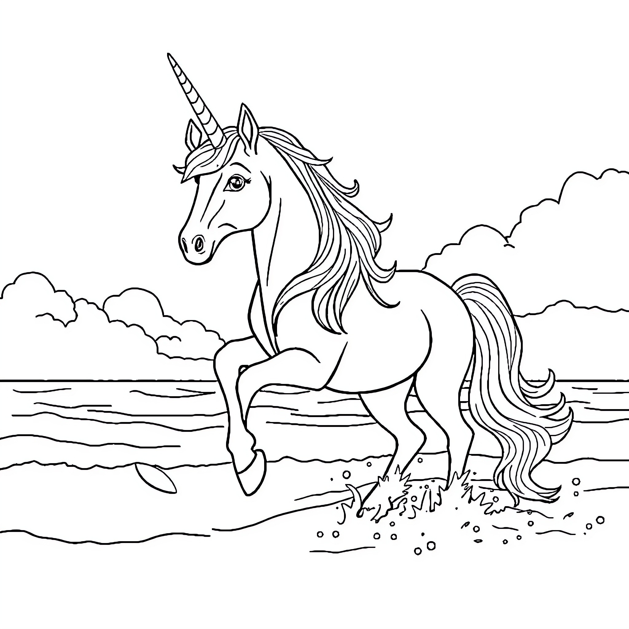 Unicorn galloping gracefully through the waves Coloring Page (free black-and-white line drawing printable PDF for all, from beginners to advanced learners, including children, teens, adults, and seniors)