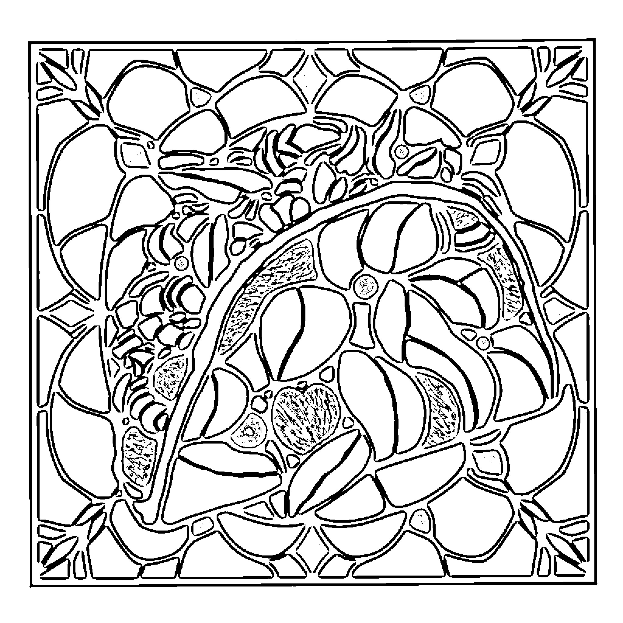 Taco-Shaped Floral Stained Glass Pattern Coloring Page (free black-and-white line drawing printable PDF for all, from beginners to advanced learners, including children, teens, adults, and seniors)