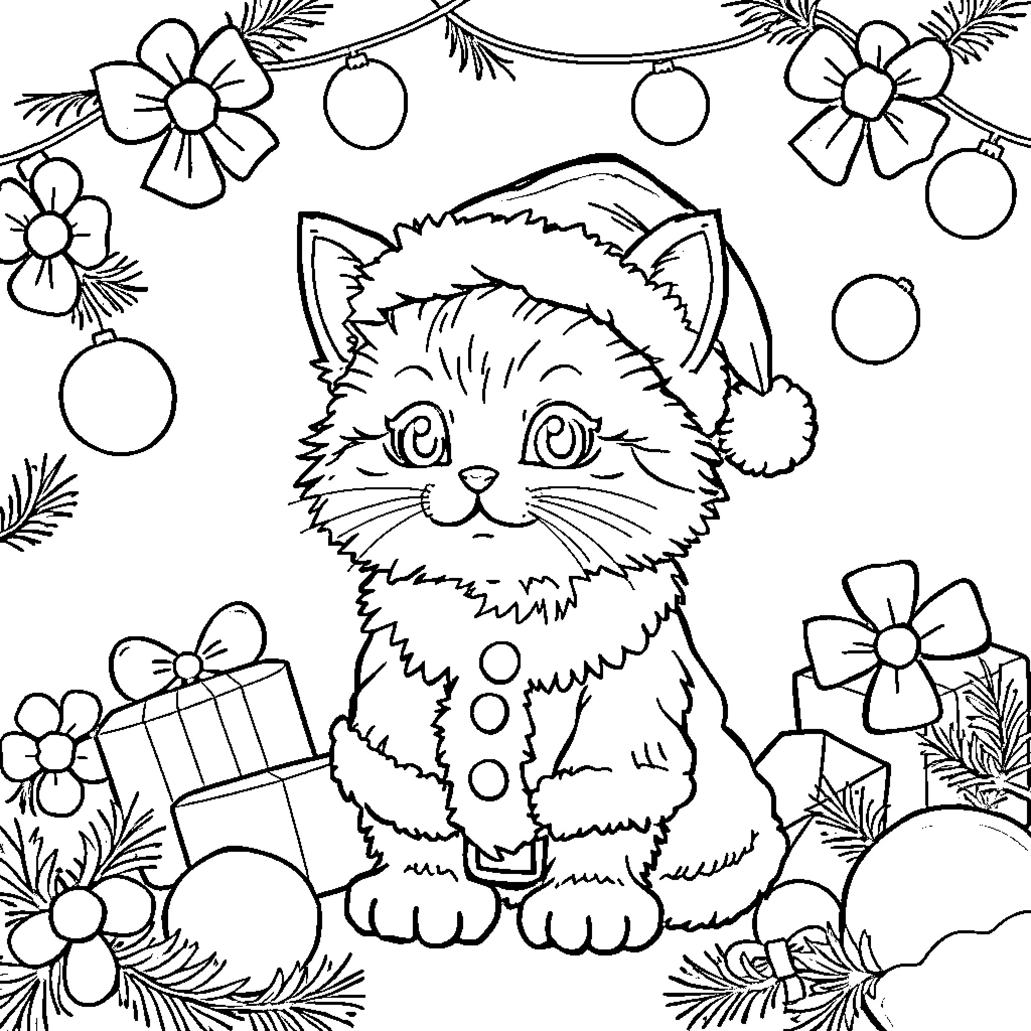 Kitten in Christmas attire surrounded by ornaments Coloring Page (free black-and-white line drawing printable PDF for all, from beginners to advanced learners, including children, teens, adults, and seniors)