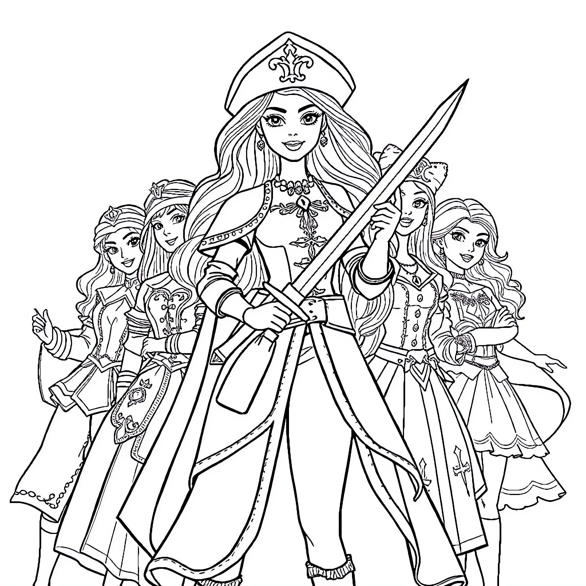 Barbie and her friends in medieval-inspired costumes Coloring Page (free black-and-white line drawing printable PDF for all, from beginners to advanced learners, including children, teens, adults, and seniors)