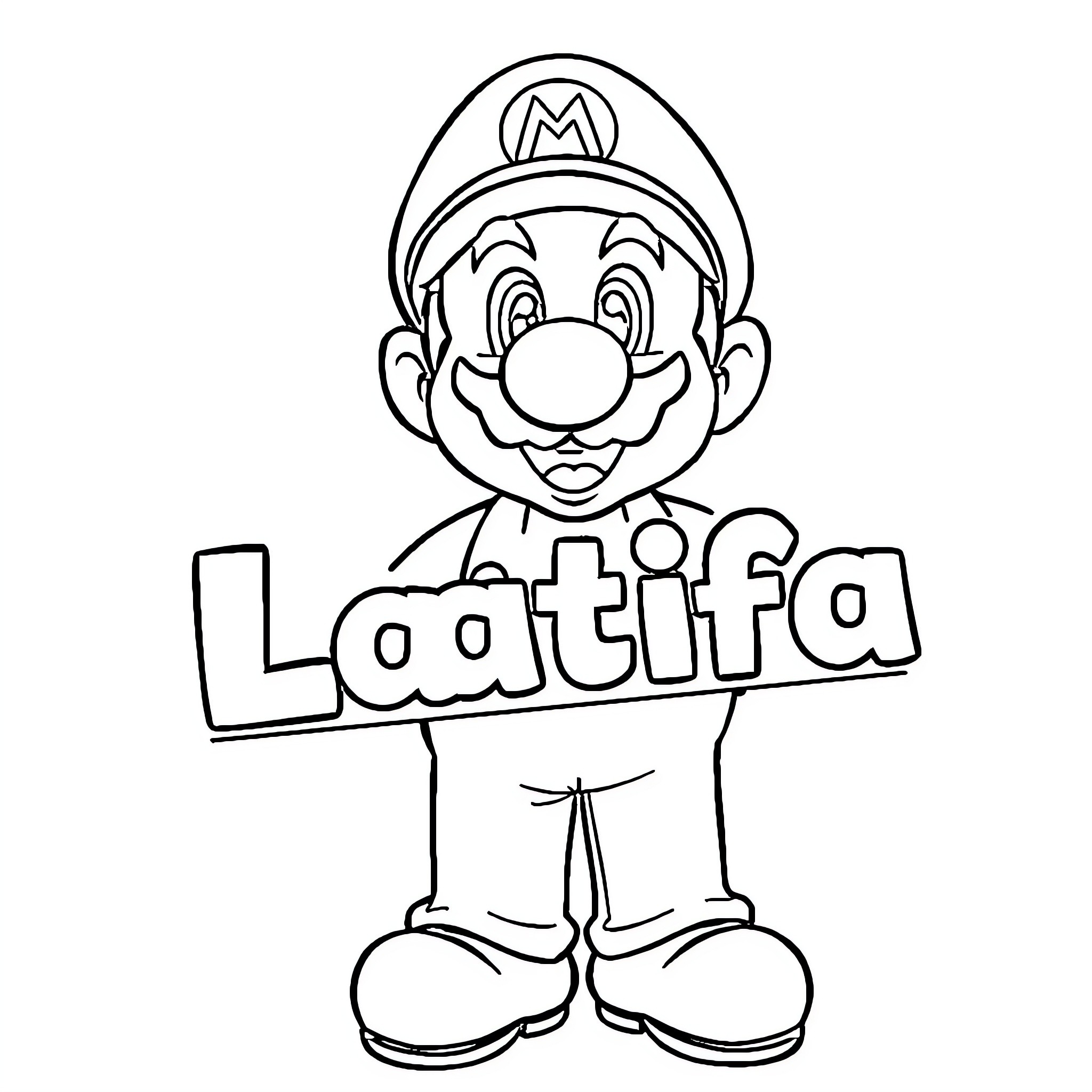 Super Mario Holding 'Loatifa' Sign Coloring Page (free black-and-white line drawing printable PDF for all, from beginners to advanced learners, including children, teens, adults, and seniors)