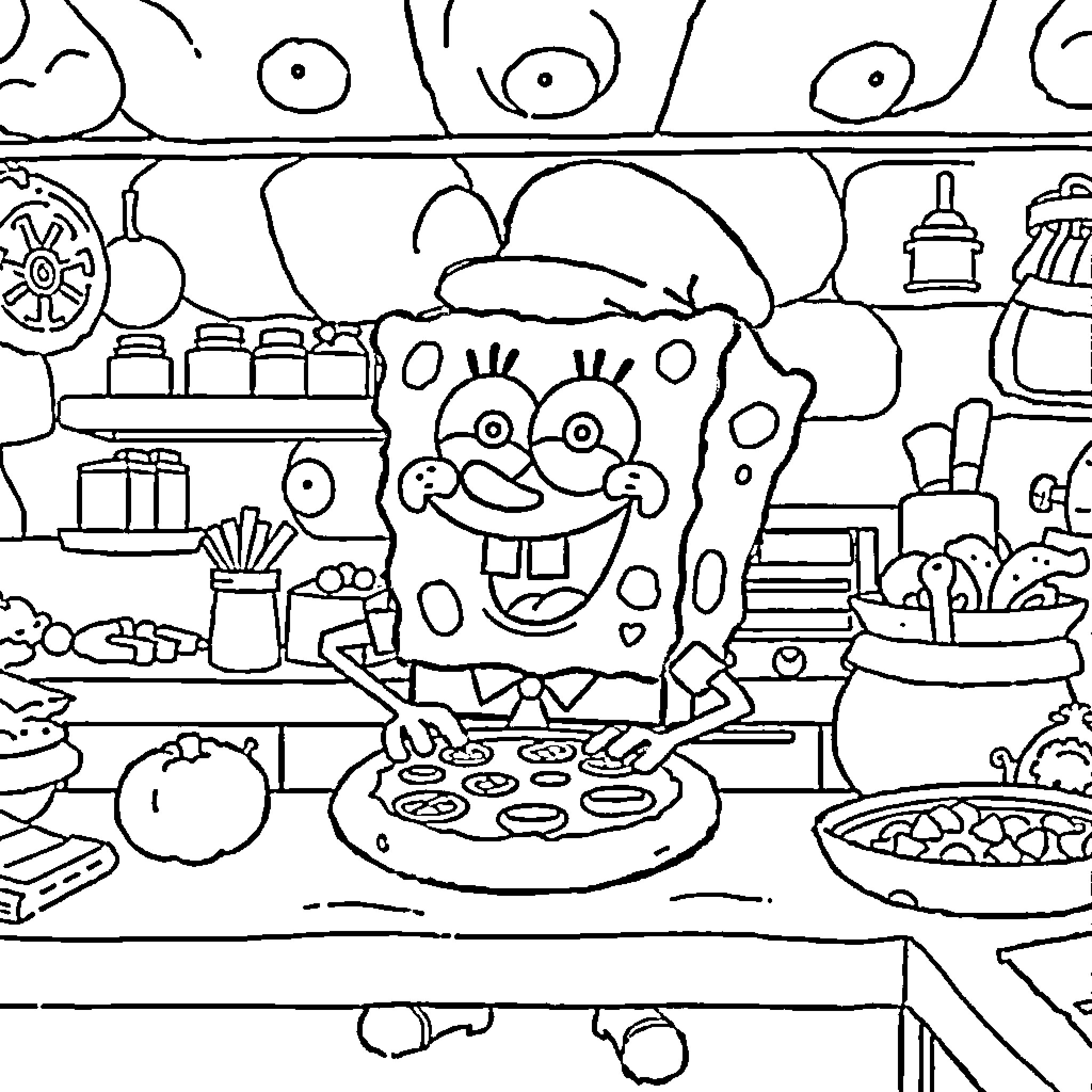 Spongebob cooking pizza in the kitchen Coloring Page (free black-and-white line drawing printable PDF for all, from beginners to advanced learners, including children, teens, adults, and seniors)