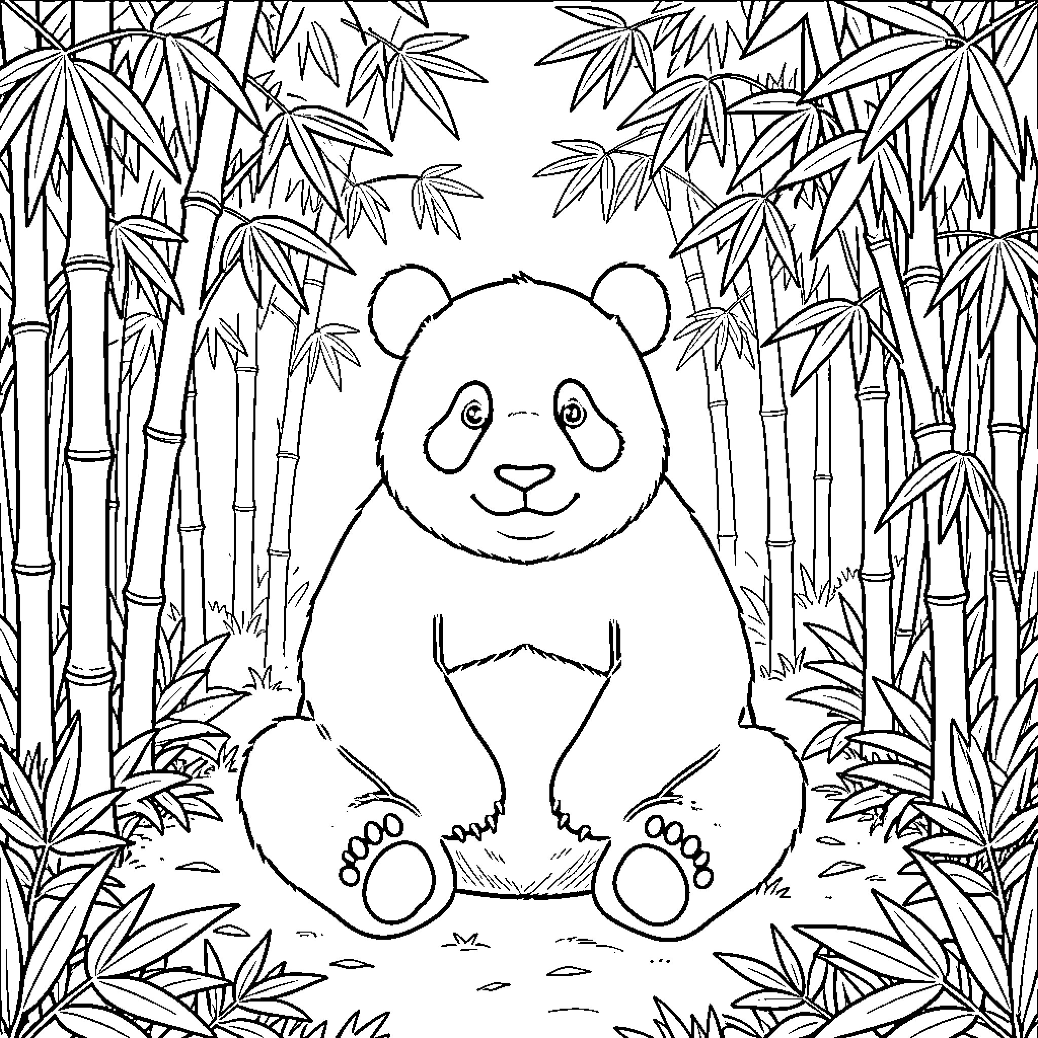 Panda sitting in a bamboo forest Coloring Page (free black-and-white line drawing printable PDF for all, from beginners to advanced learners, including children, teens, adults, and seniors)