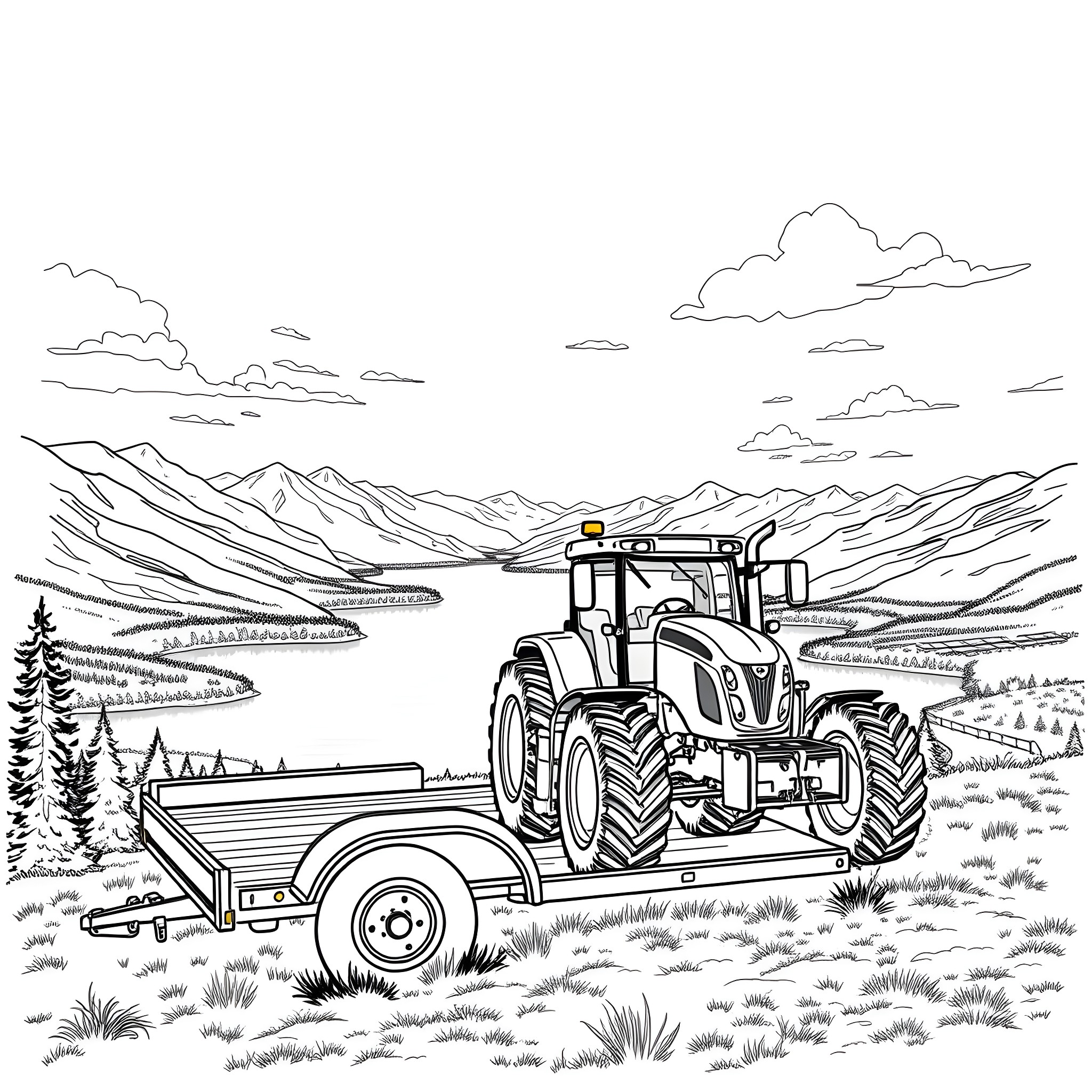 Tractor hauling trailer through scenic mountain landscape Coloring Page (free black-and-white line drawing printable PDF for all, from beginners to advanced learners, including children, teens, adults, and seniors)