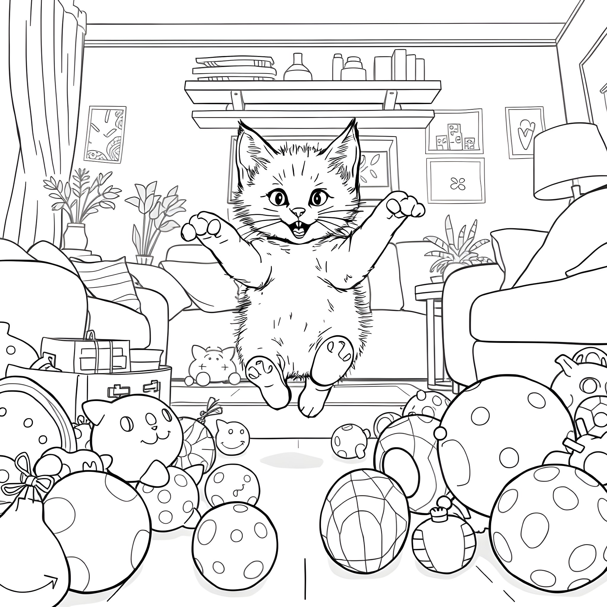 Kitten playing joyfully among colorful balls Coloring Page (free black-and-white line drawing printable PDF for all, from beginners to advanced learners, including children, teens, adults, and seniors)