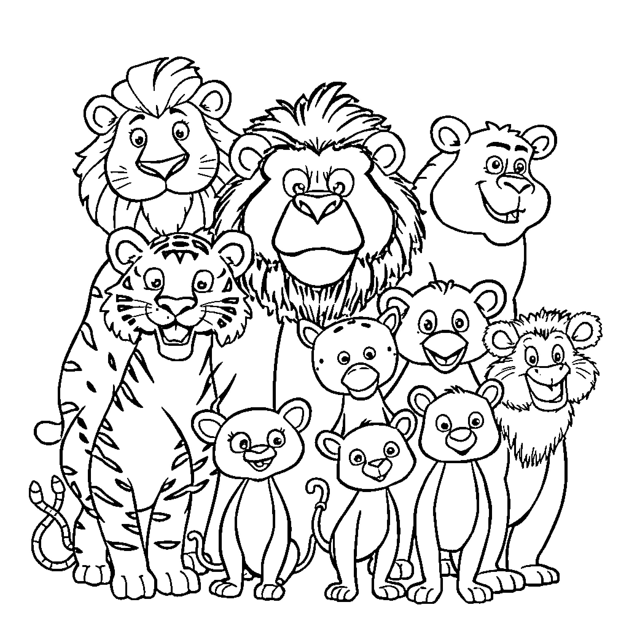 Animali Gathering of Whimsical Animal Friends Coloring Page (free black-and-white line drawing printable PDF for all, from beginners to advanced learners, including children, teens, adults, and seniors)