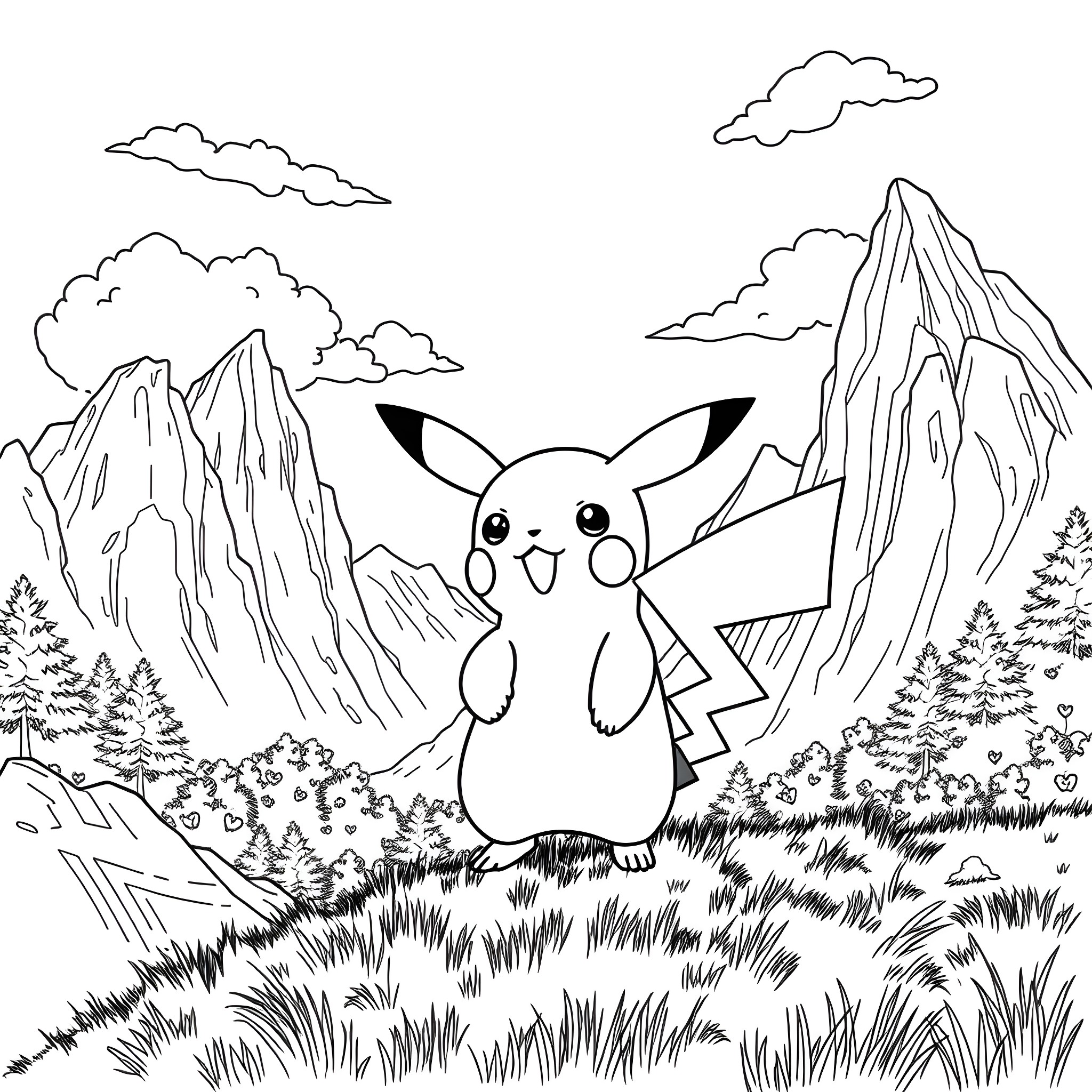 Pikachu exploring the mountainous wilderness Coloring Page (free black-and-white line drawing printable PDF for all, from beginners to advanced learners, including children, teens, adults, and seniors)