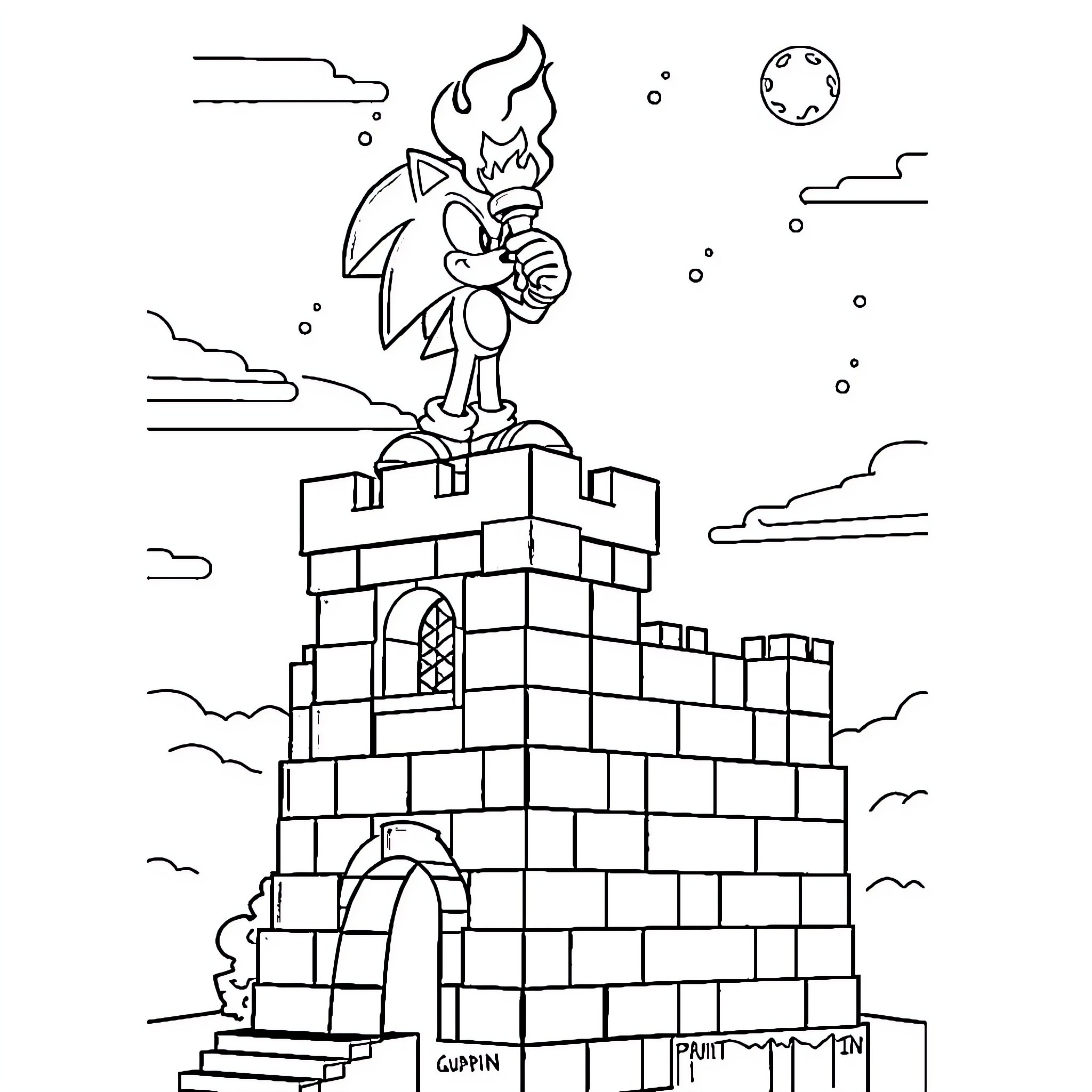 Sonic battling atop a towering brick castle Coloring Page (free black-and-white line drawing printable PDF for all, from beginners to advanced learners, including children, teens, adults, and seniors)