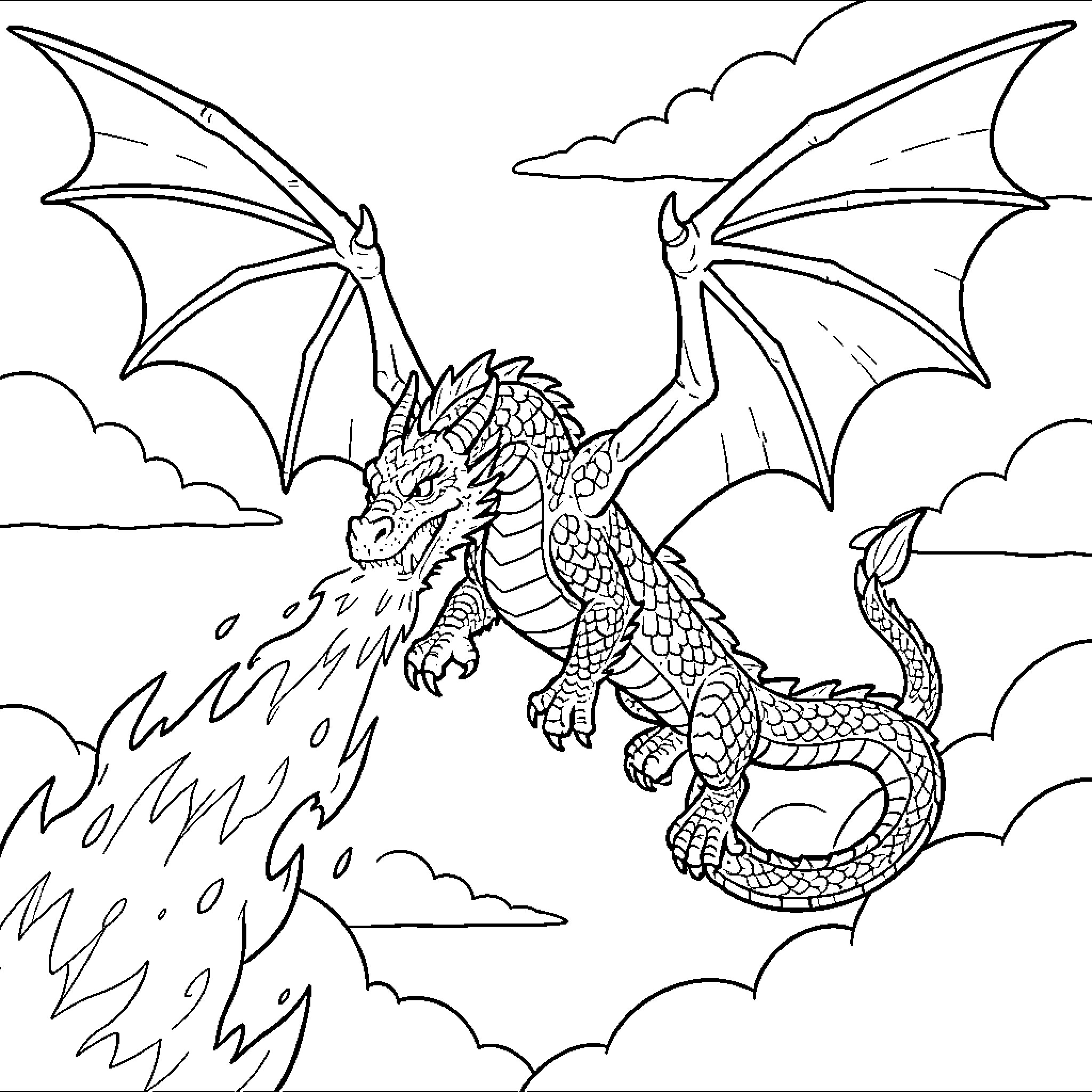 Dragon breathing fire while flying through the clouds Coloring Page (free black-and-white line drawing printable PDF for all, from beginners to advanced learners, including children, teens, adults, and seniors)