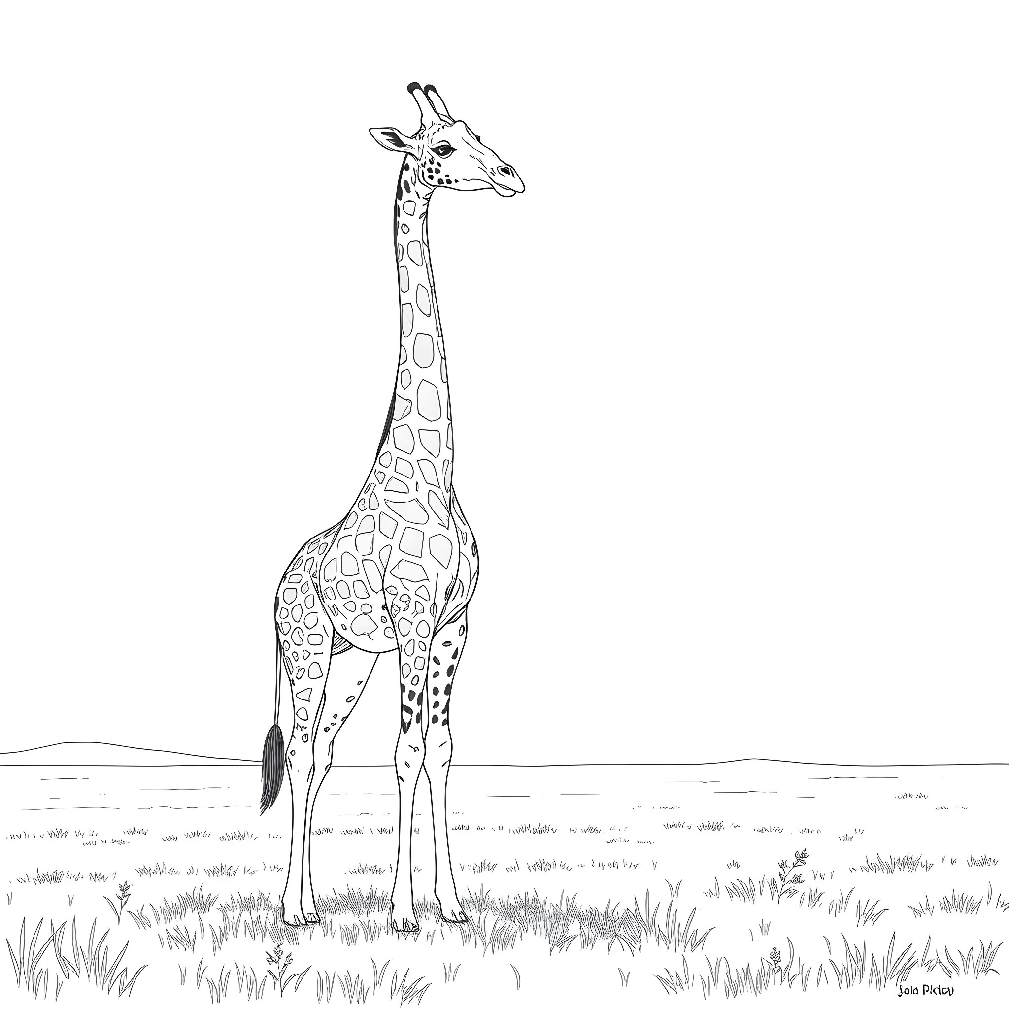 Giraffe standing tall in the grassland Coloring Page (free black-and-white line drawing printable PDF for all, from beginners to advanced learners, including children, teens, adults, and seniors)