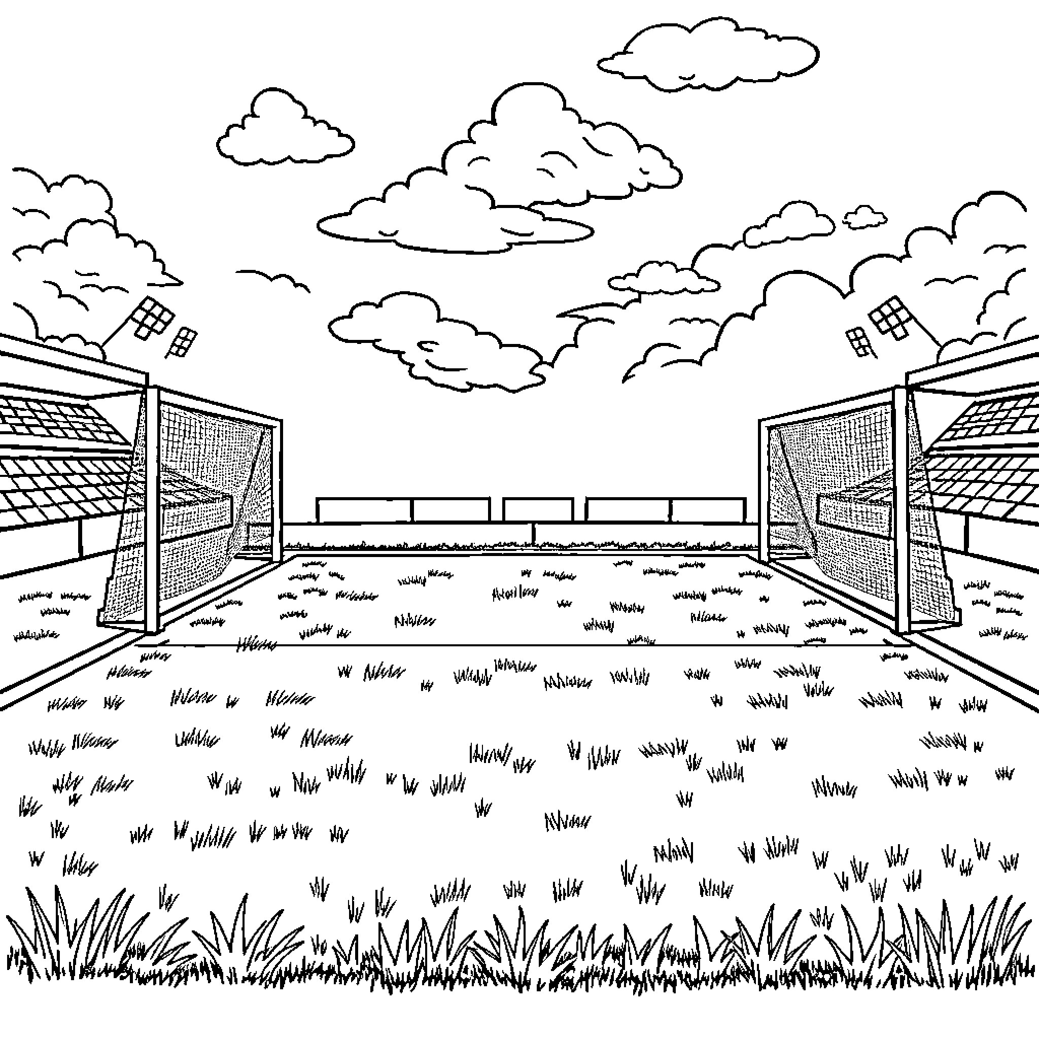 Soccer Field with Stadium Bleachers and Clouds Coloring Page (free black-and-white line drawing printable PDF for all, from beginners to advanced learners, including children, teens, adults, and seniors)