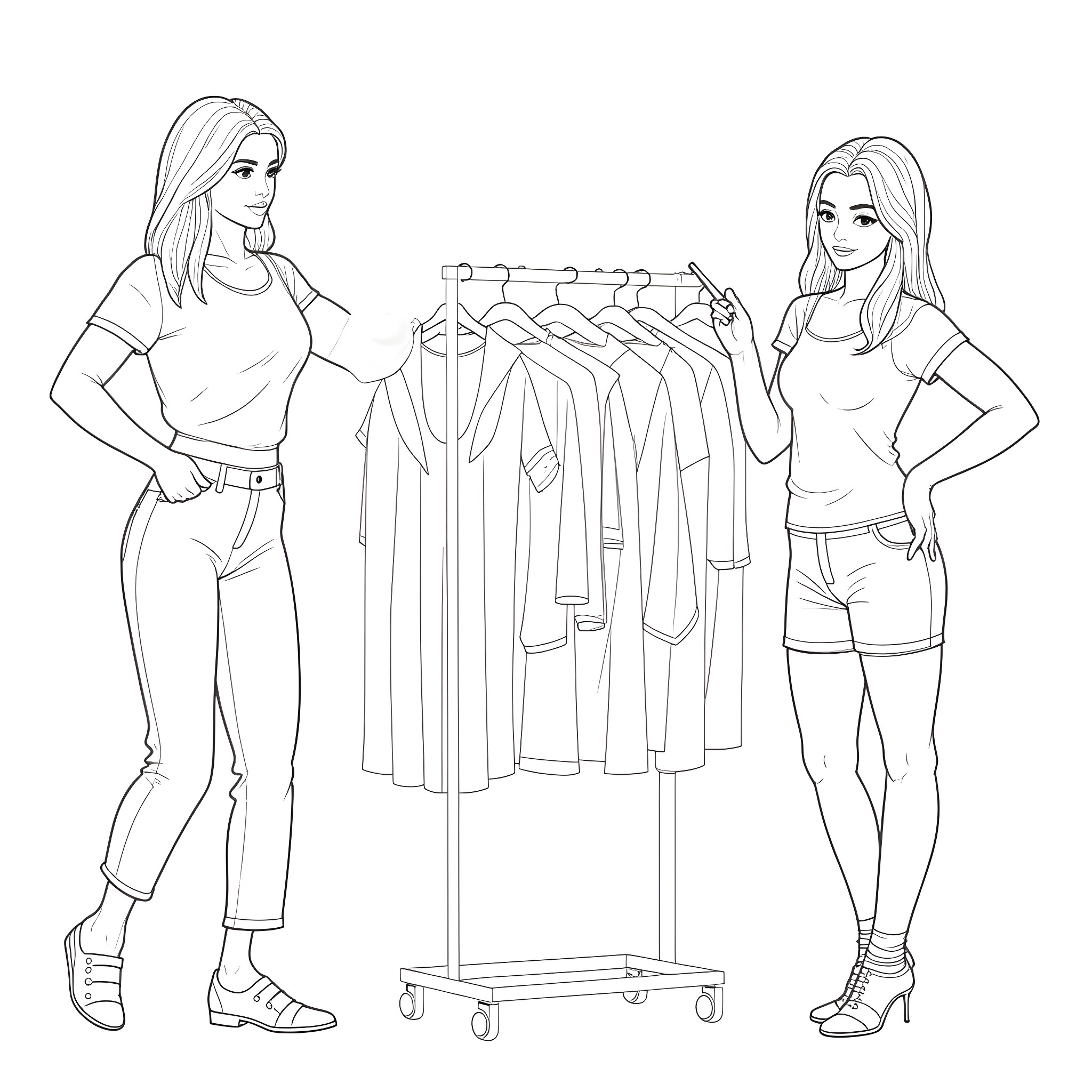 Friends browsing fashion outfits Coloring Page (free black-and-white line drawing printable PDF for all, from beginners to advanced learners, including children, teens, adults, and seniors)