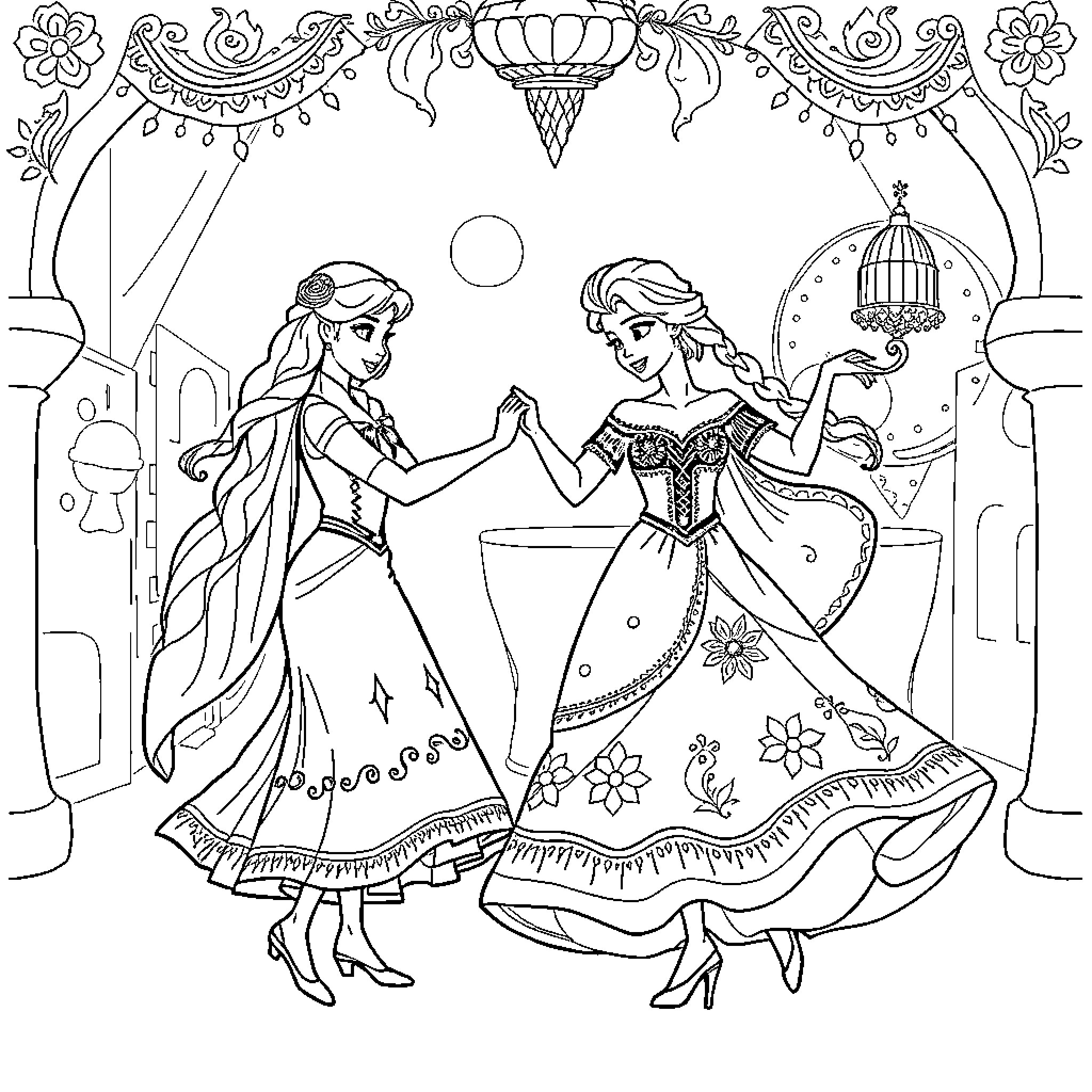 Frozen Elegant Princesses Dancing in Floral Courtyard Coloring Page (free black-and-white line drawing printable PDF for all, from beginners to advanced learners, including children, teens, adults, and seniors)