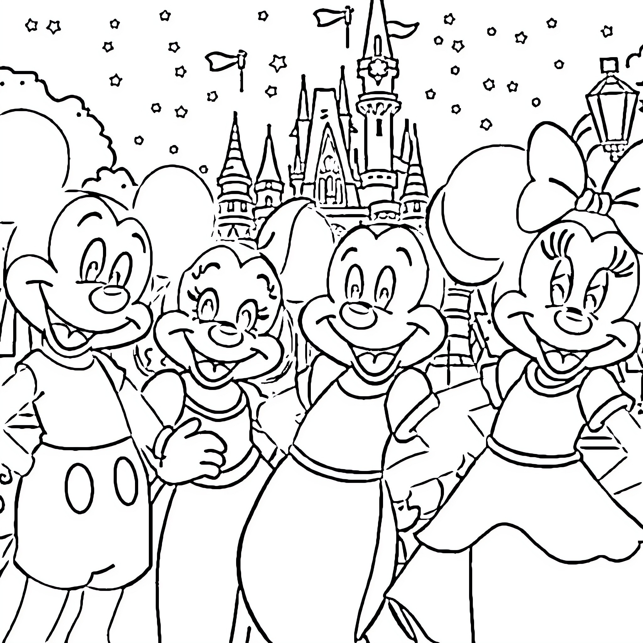 Disney Characters Celebrating in Magical Wonderland Coloring Page (free black-and-white line drawing printable PDF for all, from beginners to advanced learners, including children, teens, adults, and seniors)