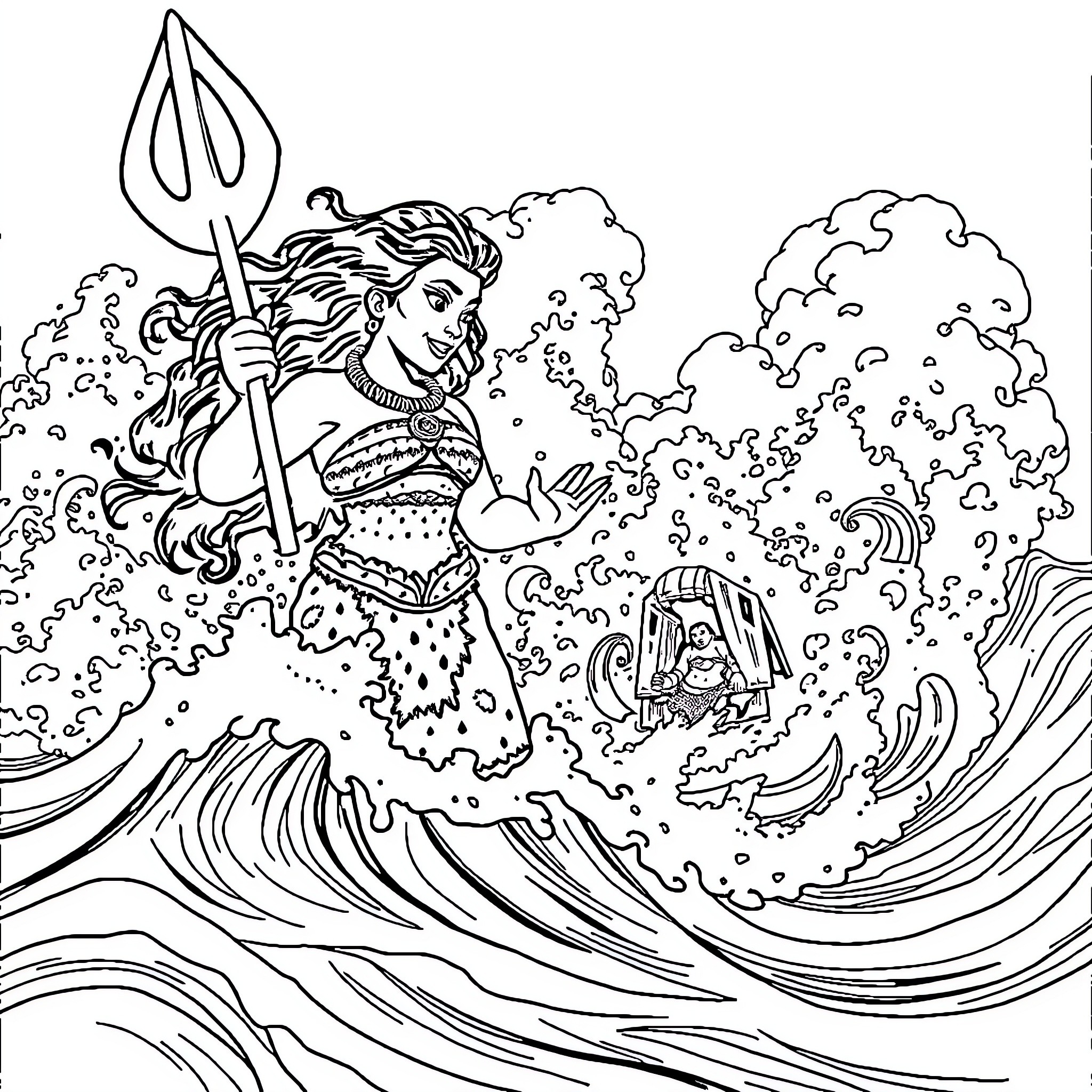Moana facing the ocean waves with determination Coloring Page (free black-and-white line drawing printable PDF for all, from beginners to advanced learners, including children, teens, adults, and seniors)