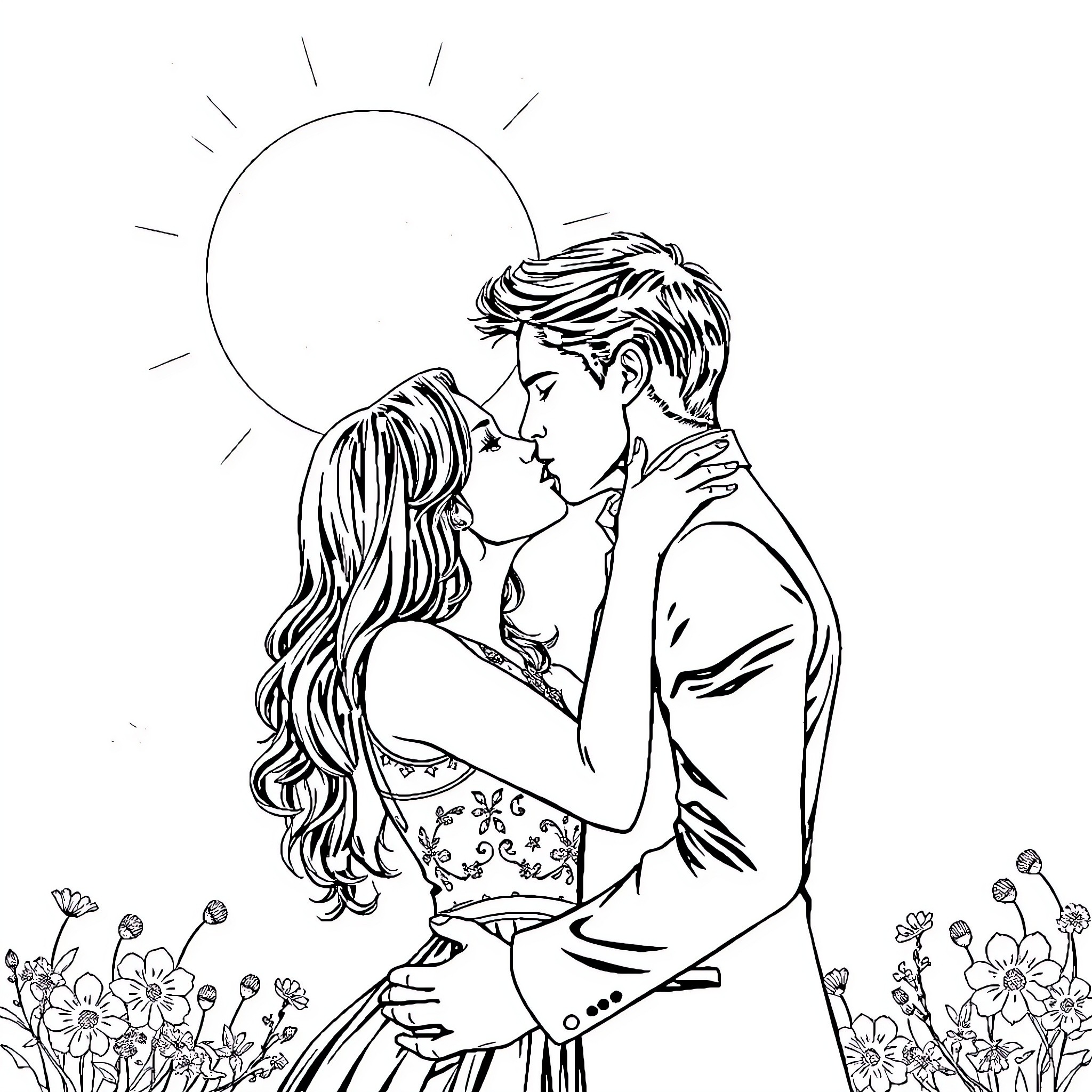 Damon's romantic embrace under the sun Coloring Page (free black-and-white line drawing printable PDF for all, from beginners to advanced learners, including children, teens, adults, and seniors)