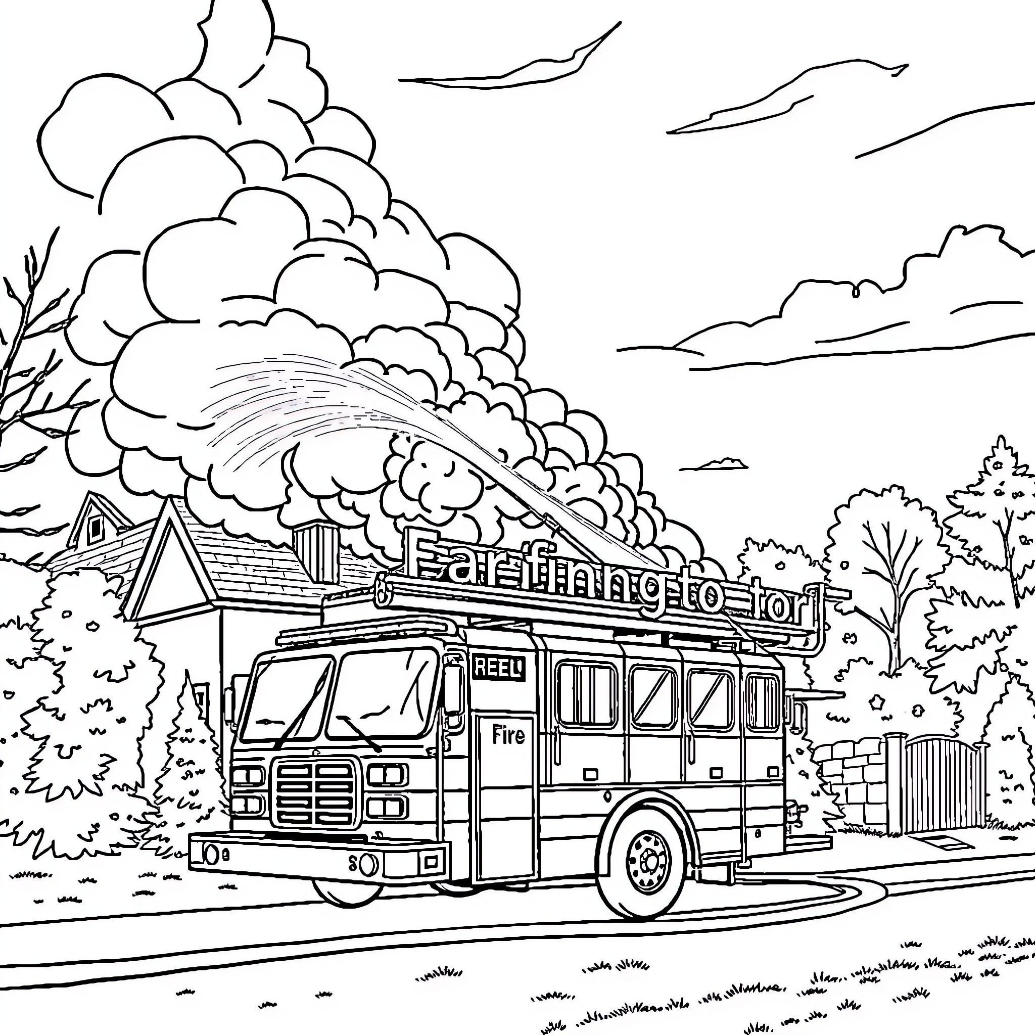 Fire Truck rushing to an emergency scene Coloring Page (free black-and-white line drawing printable PDF for all, from beginners to advanced learners, including children, teens, adults, and seniors)
