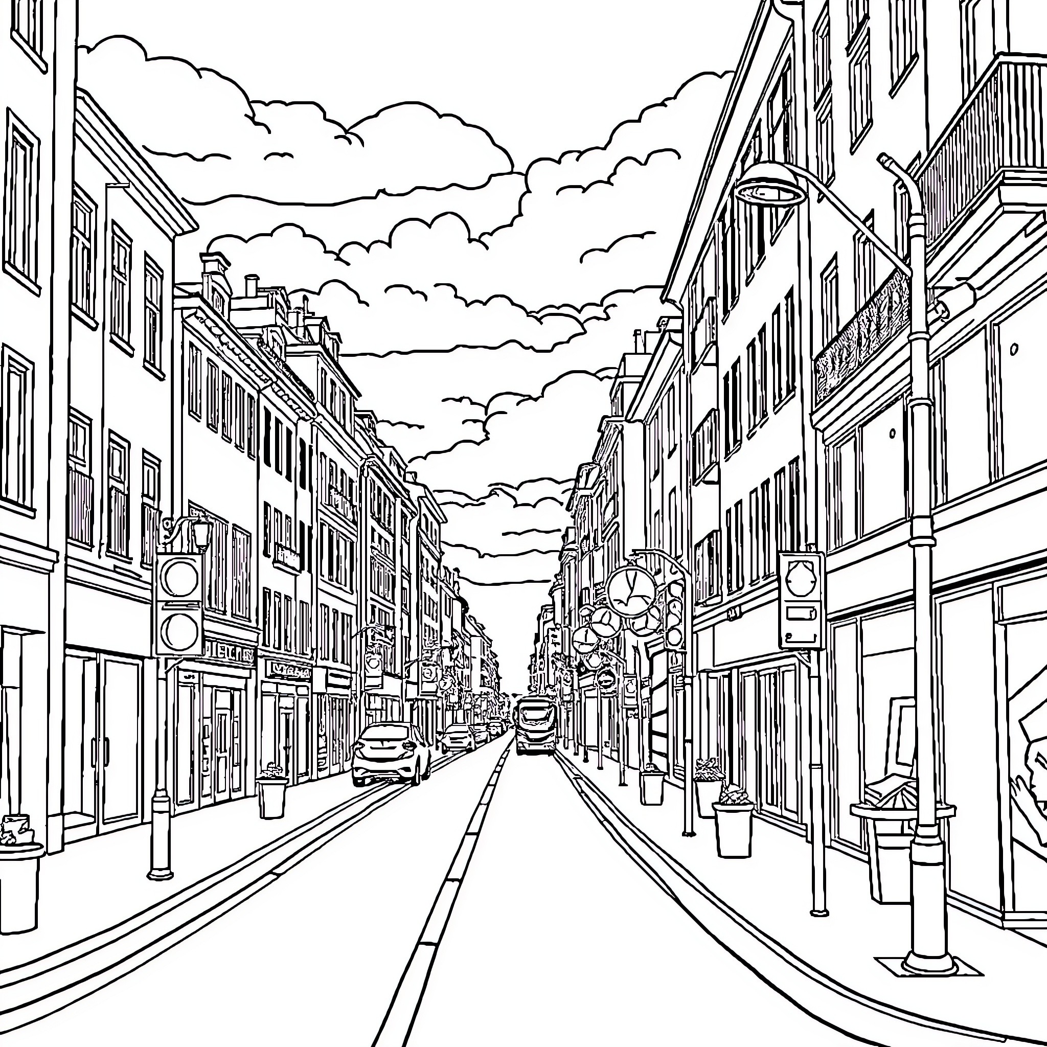 Town with bustling street and cloudy sky Coloring Page (free black-and-white line drawing printable PDF for all, from beginners to advanced learners, including children, teens, adults, and seniors)