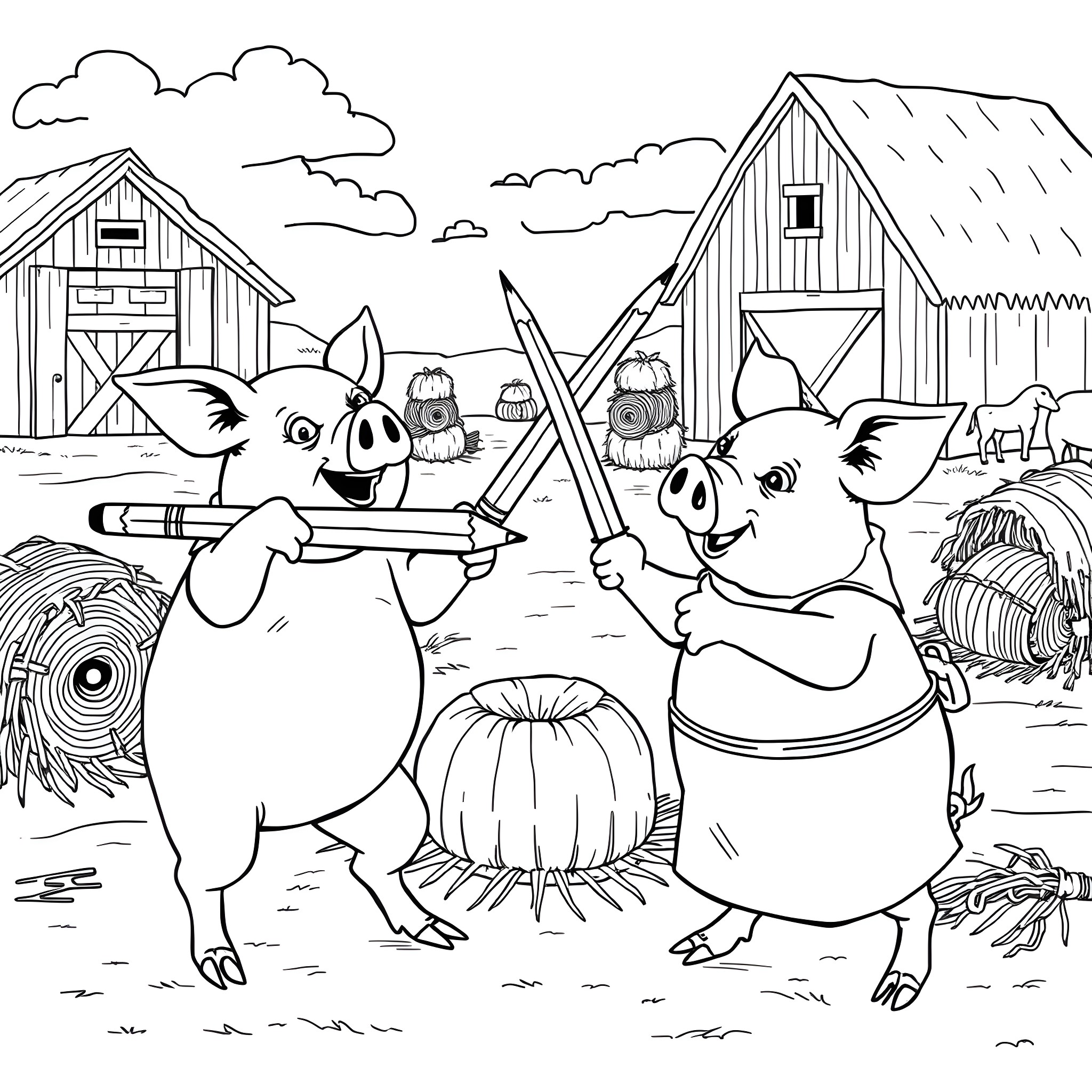 Pig siblings playing with pitchforks on the farm Coloring Page (free black-and-white line drawing printable PDF for all, from beginners to advanced learners, including children, teens, adults, and seniors)